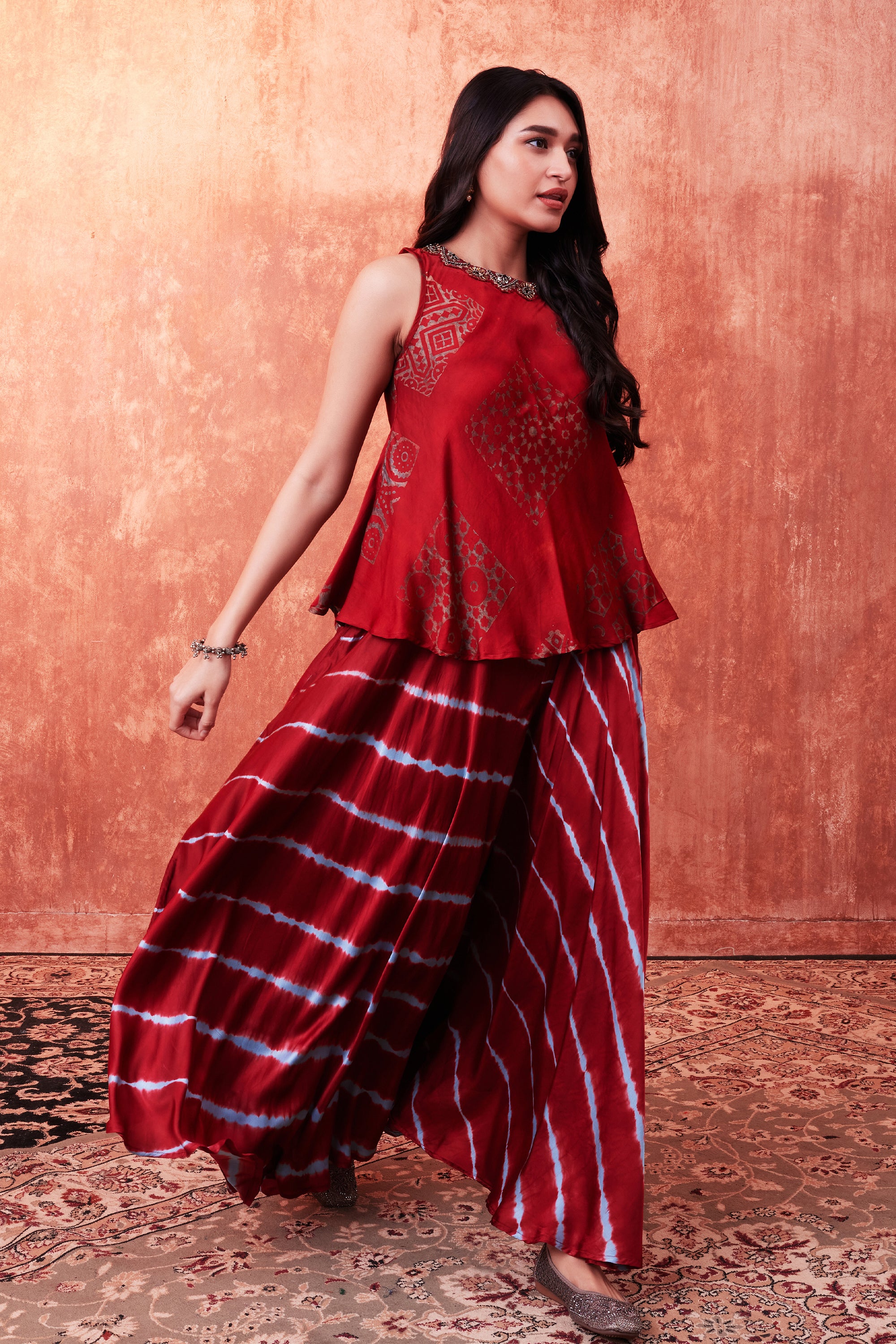 Red Ajrakh Printed Habutai Silk Tunic & Palazzo Set