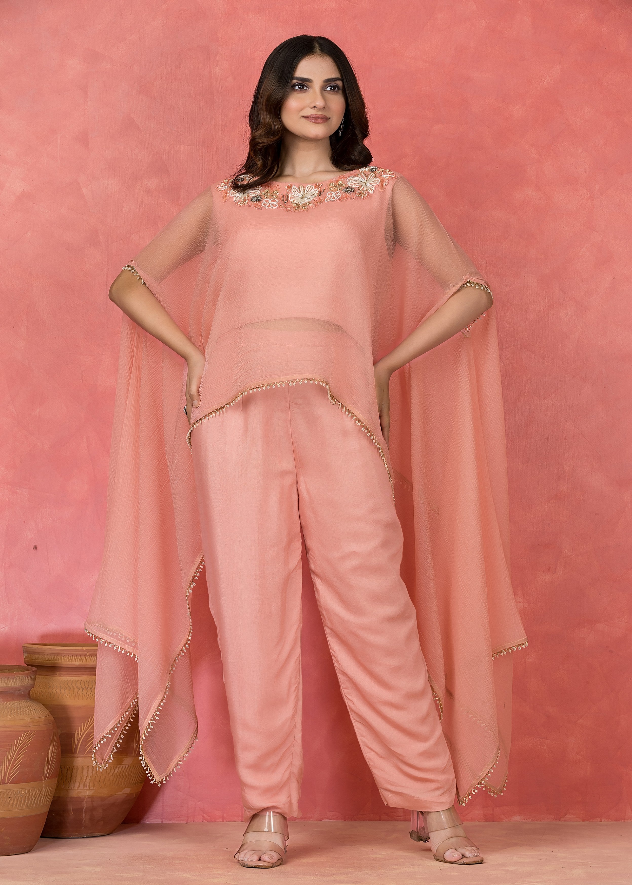 Peach Embellished Shantoon Silk Co-Ord Set
