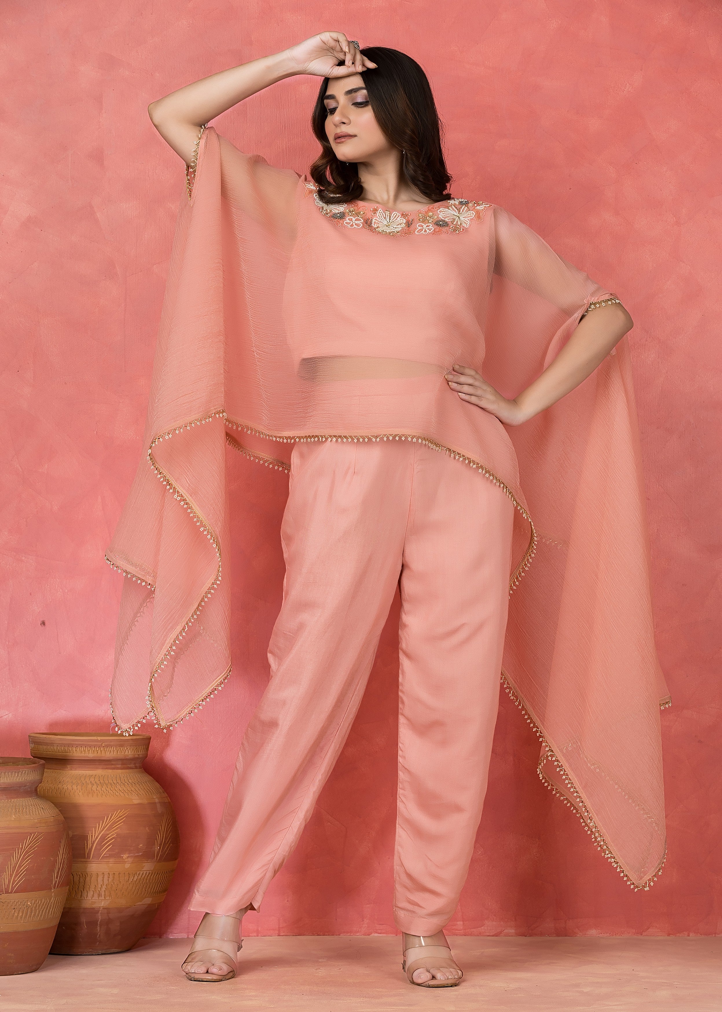 Peach Embellished Shantoon Silk Co-Ord Set