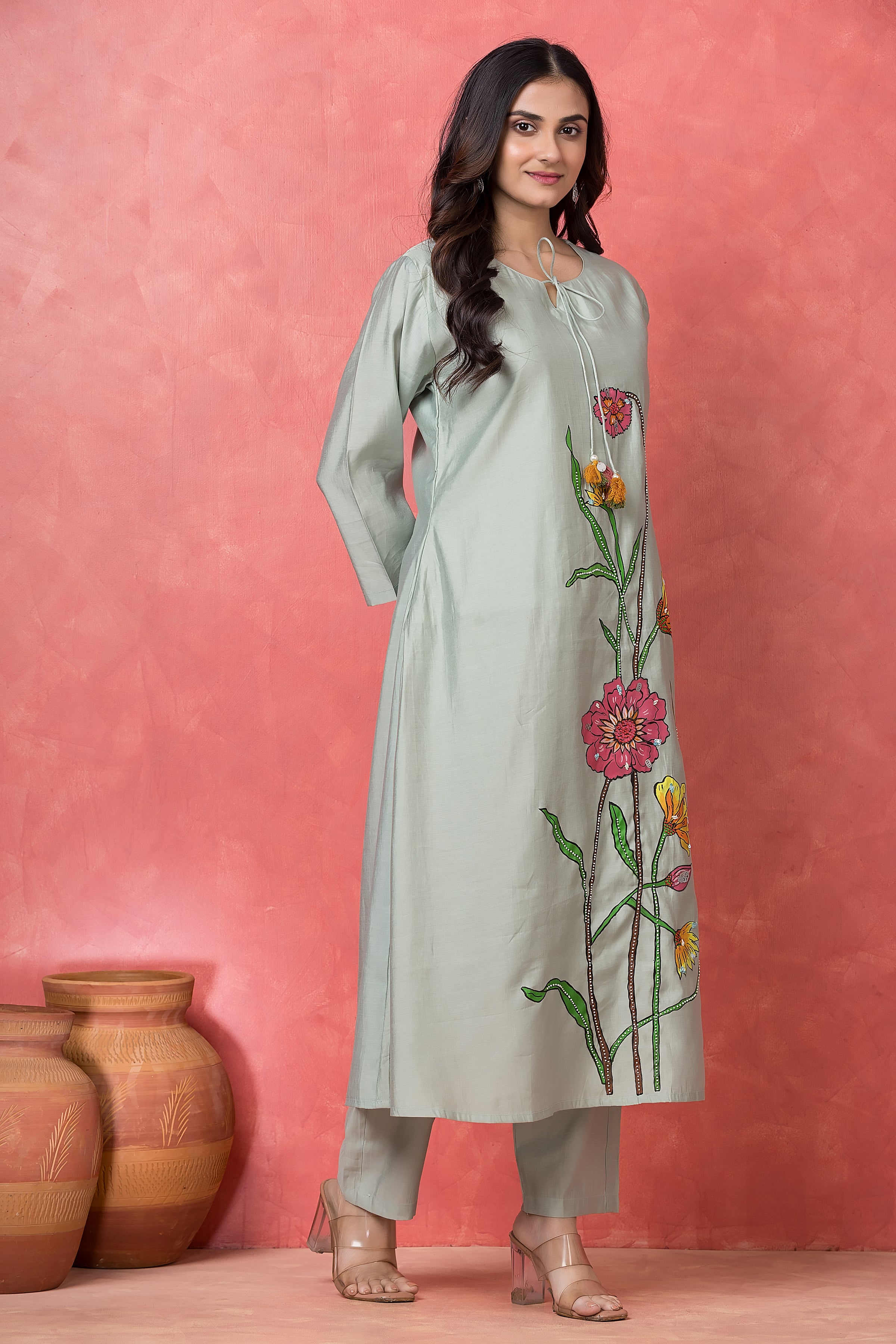 Seafoam Bloom Embellished Premium Silk Kurta Set