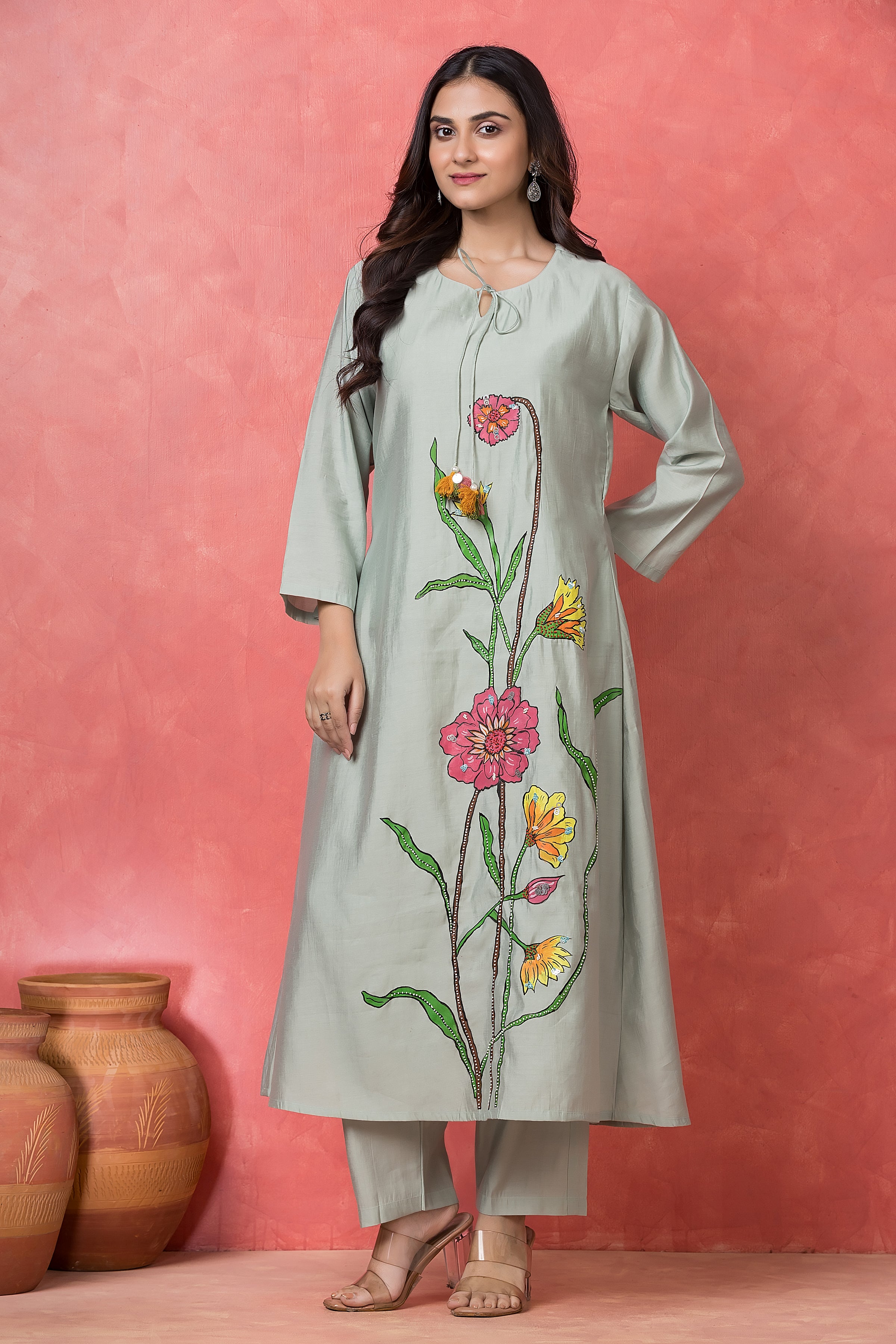 Seafoam Bloom Embellished Premium Silk Kurta Set