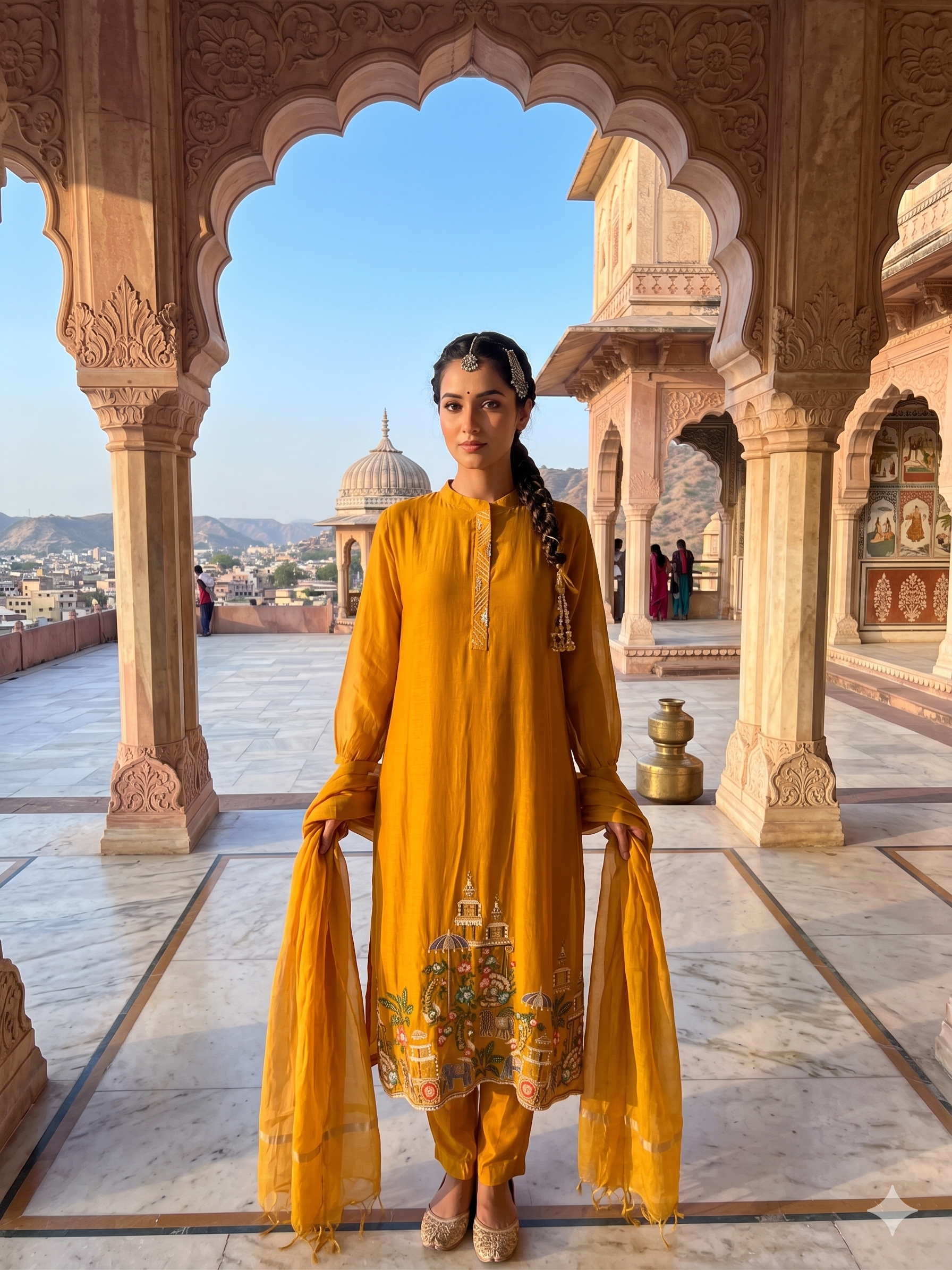 Gold Regal Embroidered Mul-Chanderi Pant Set