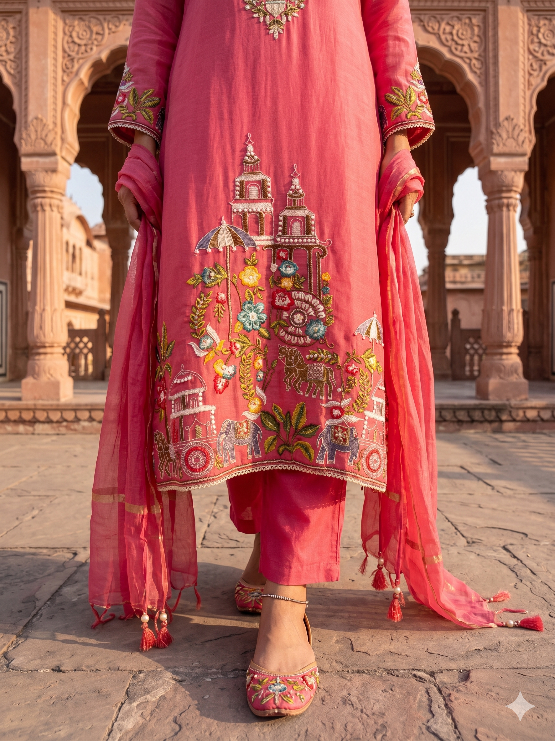 Coral Regal Embroidered Mul-Chanderi Pant Set
