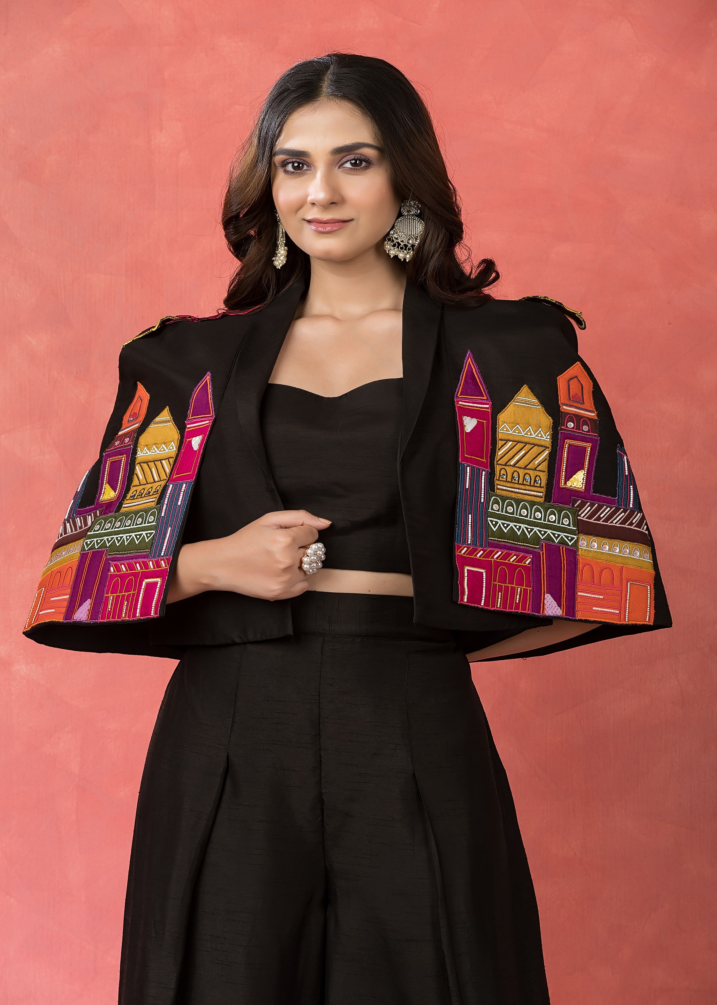 Black Mosaic Embroidered Raw Silk Palazzo Set