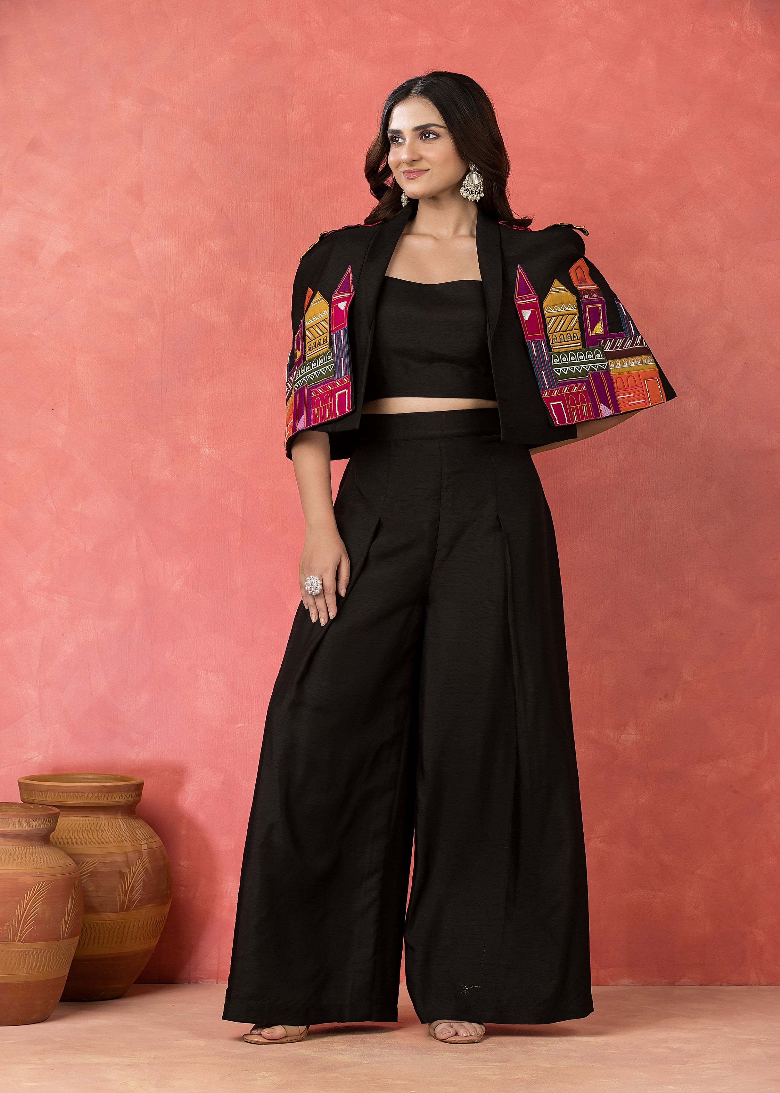 Black Mosaic Embroidered Raw Silk Palazzo Set