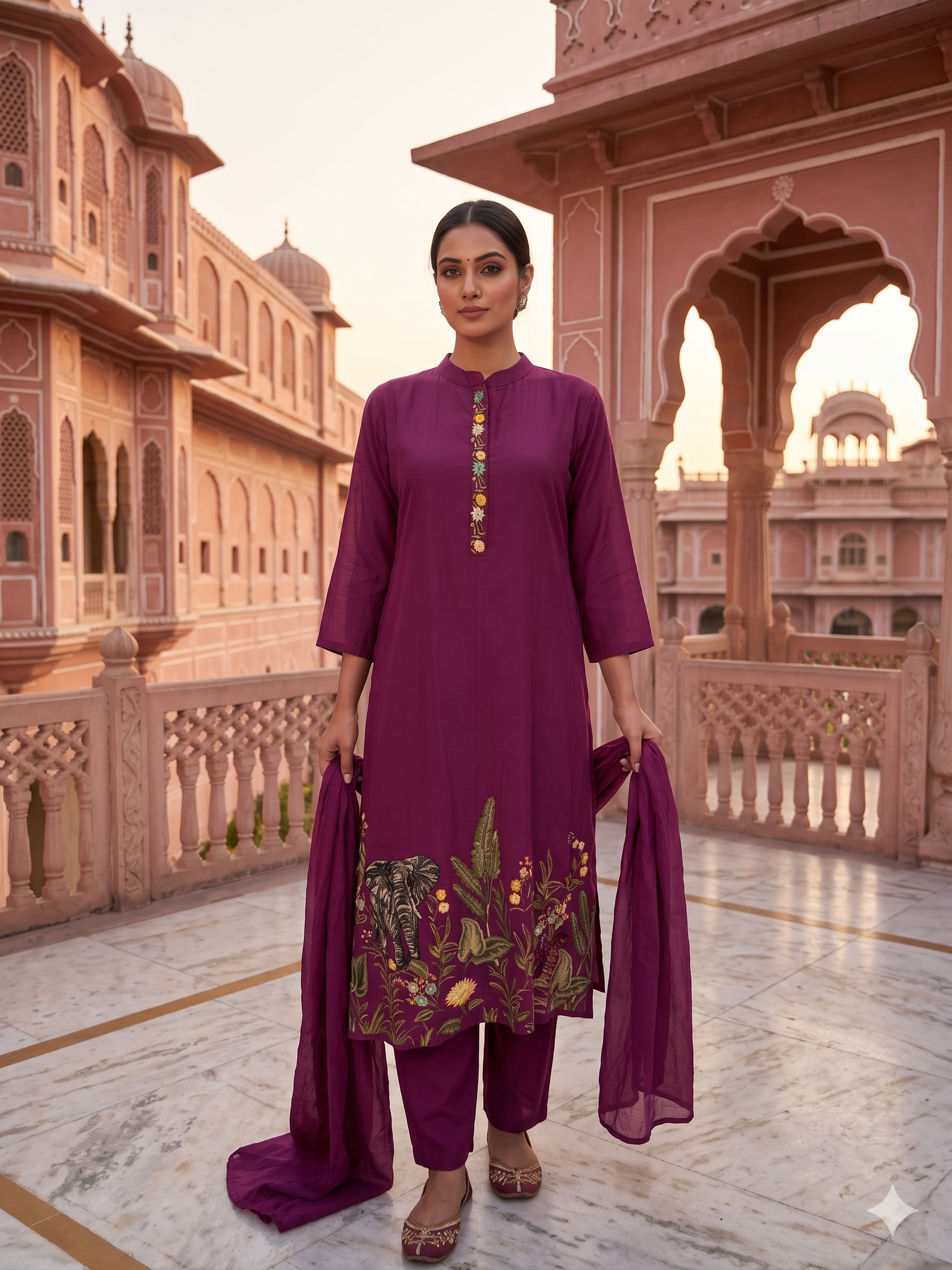Plum Elephant Embroidered Mul-Chanderi Pant Set