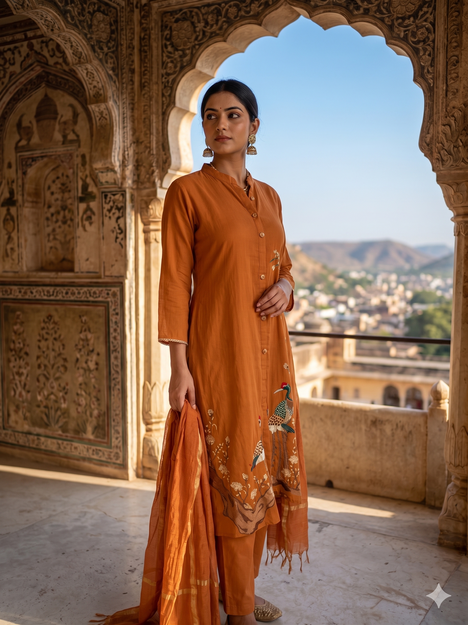Rust Fauna Embroidered Mul-Chanderi Pant Set