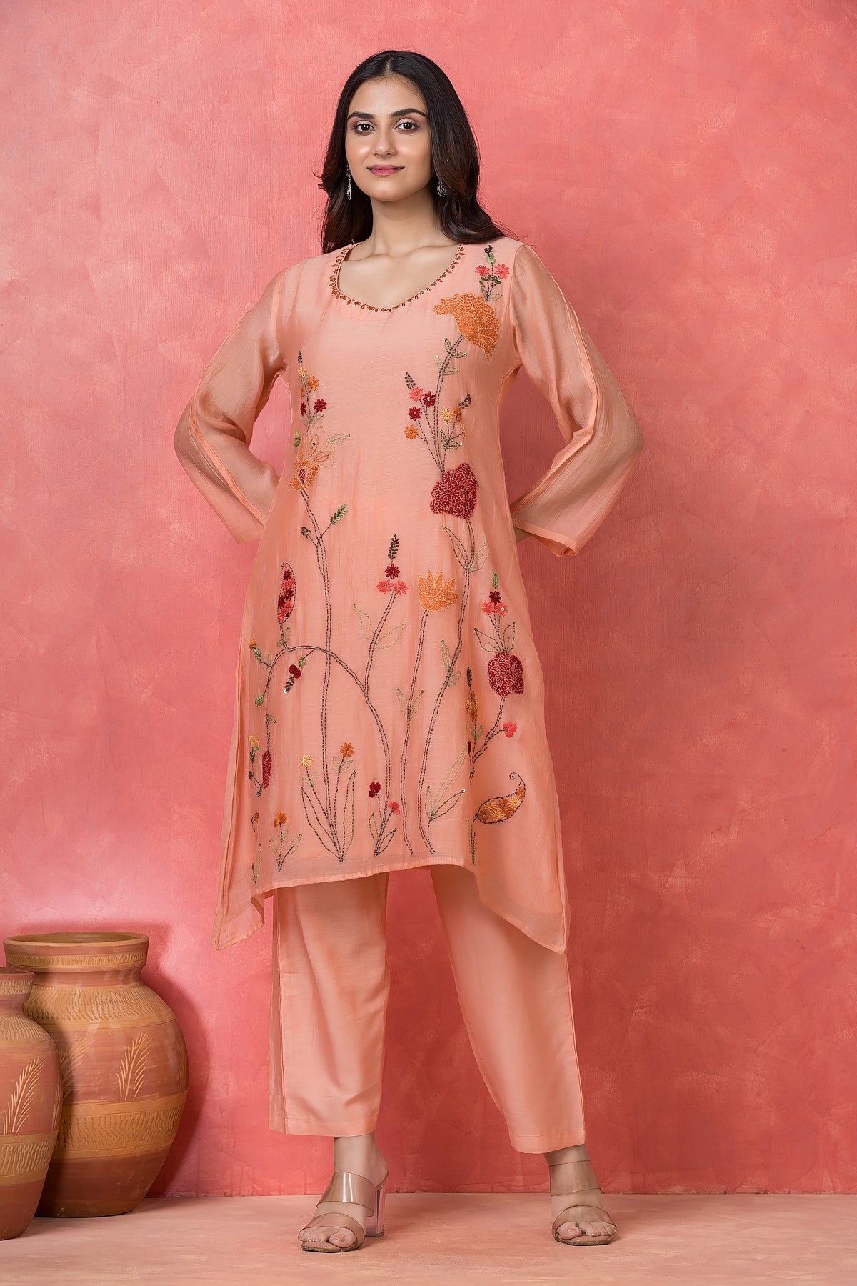 Peach Coral Embroidered Mul Chanderi Silk Kurta Set