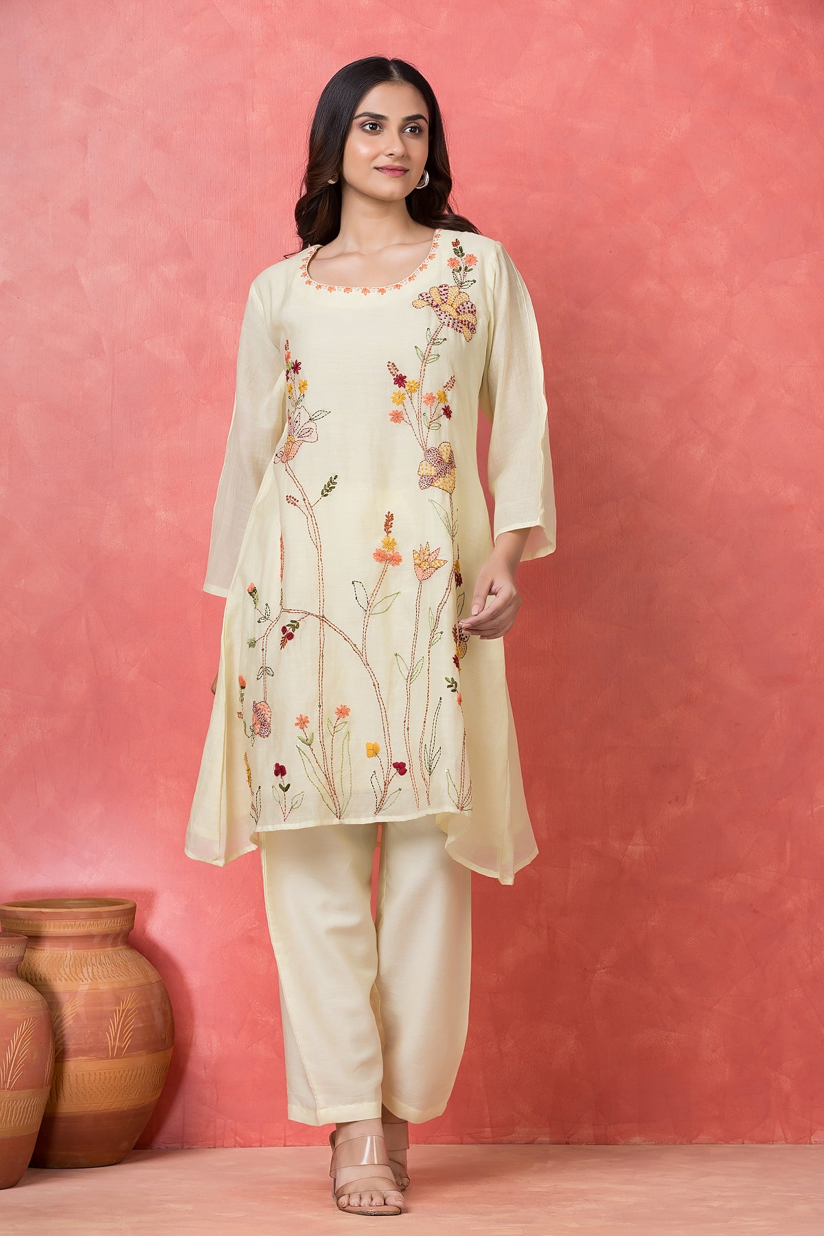 Soft Off White Embroidered Mul Chanderi Silk Kurta Set