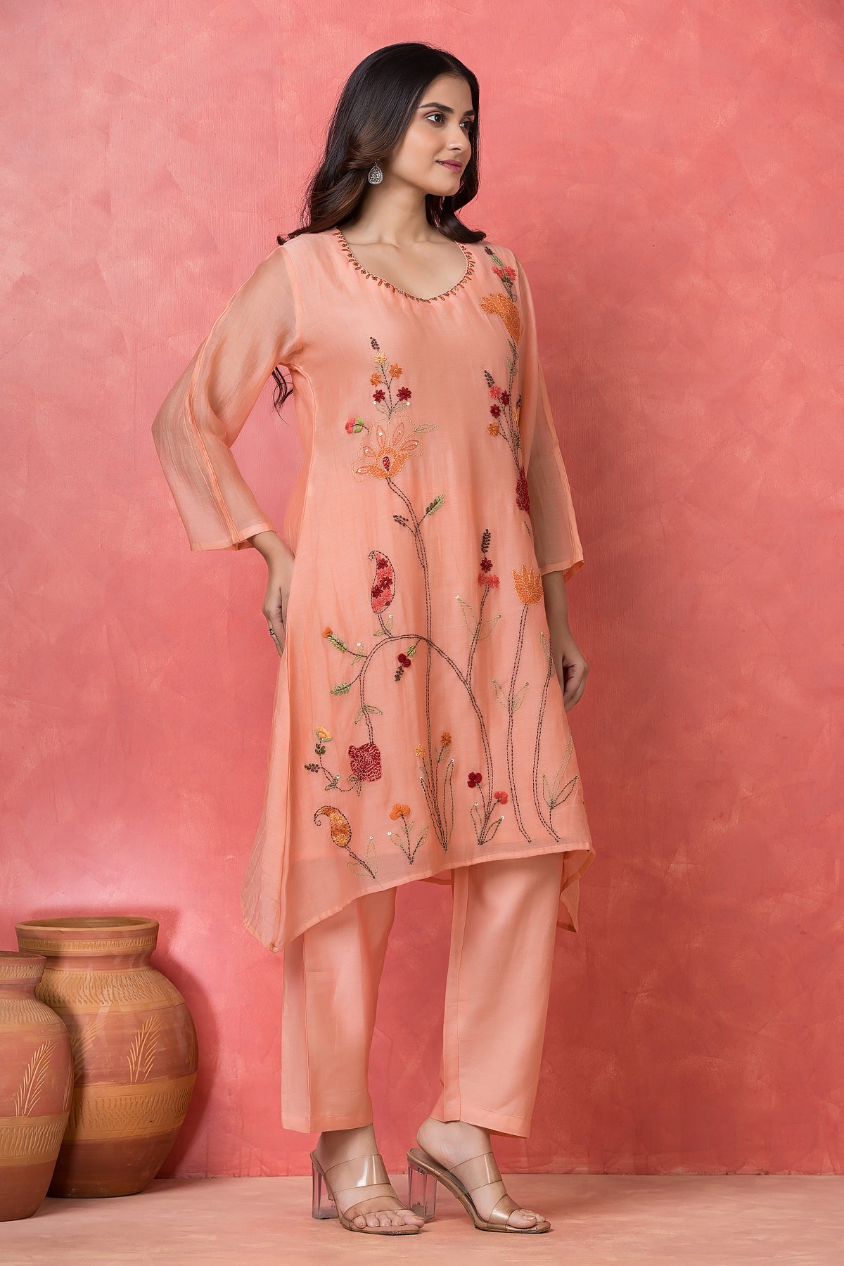 Peach Coral Embroidered Mul Chanderi Silk Kurta Set