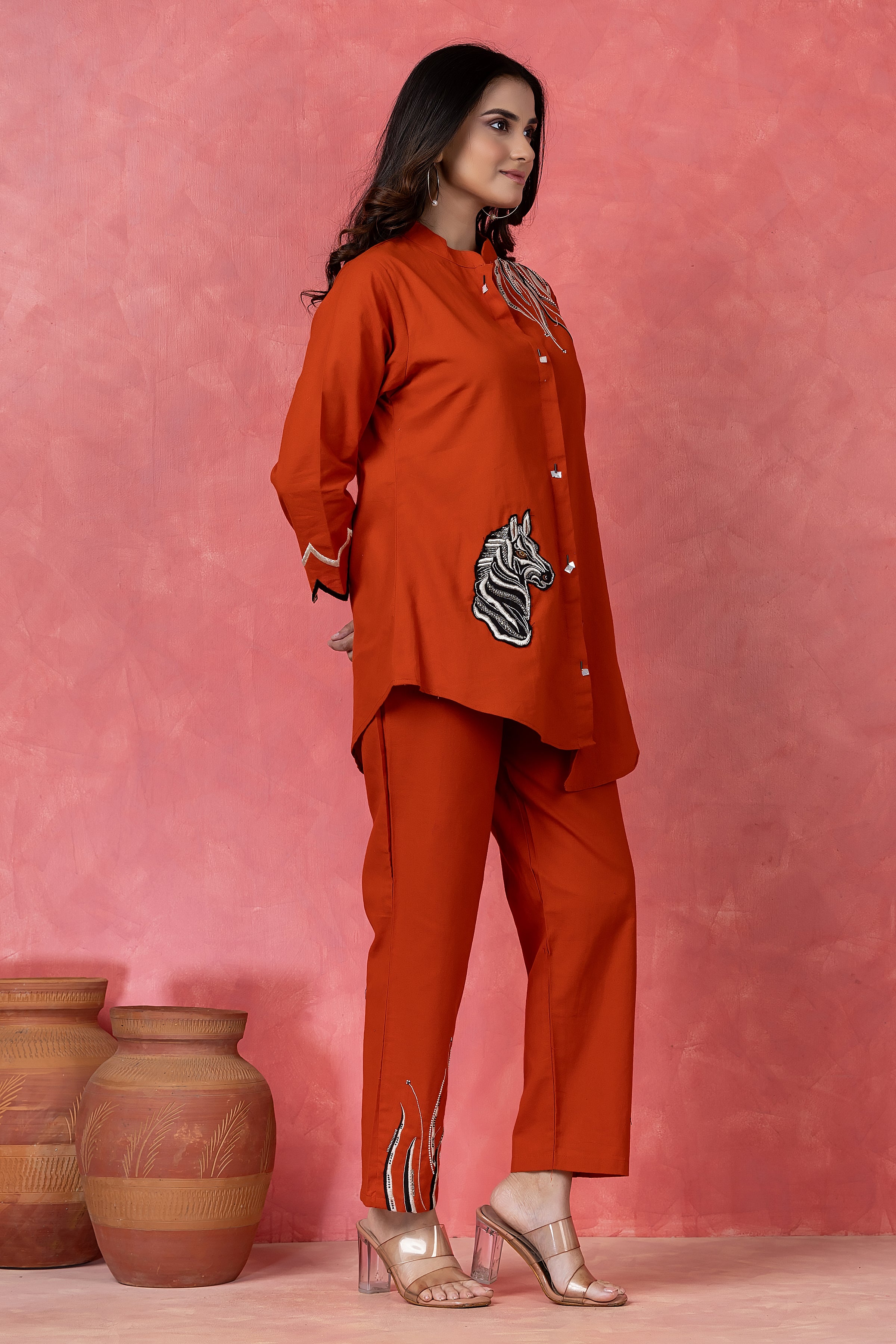 Mahagany Orange Embroidered Cotton Co-Ord Set