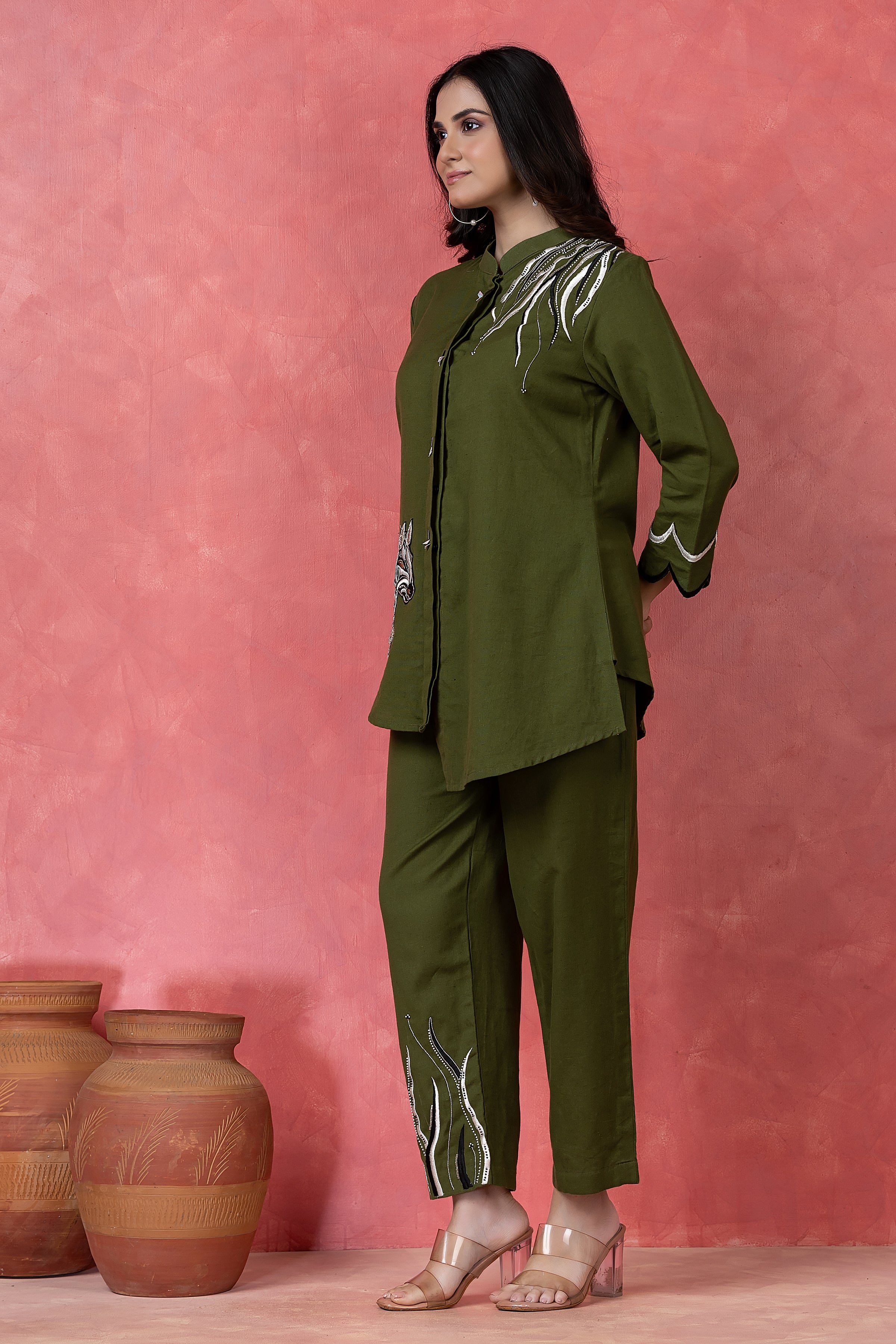 Olive Green Embroidered Cotton Co-Ord Set
