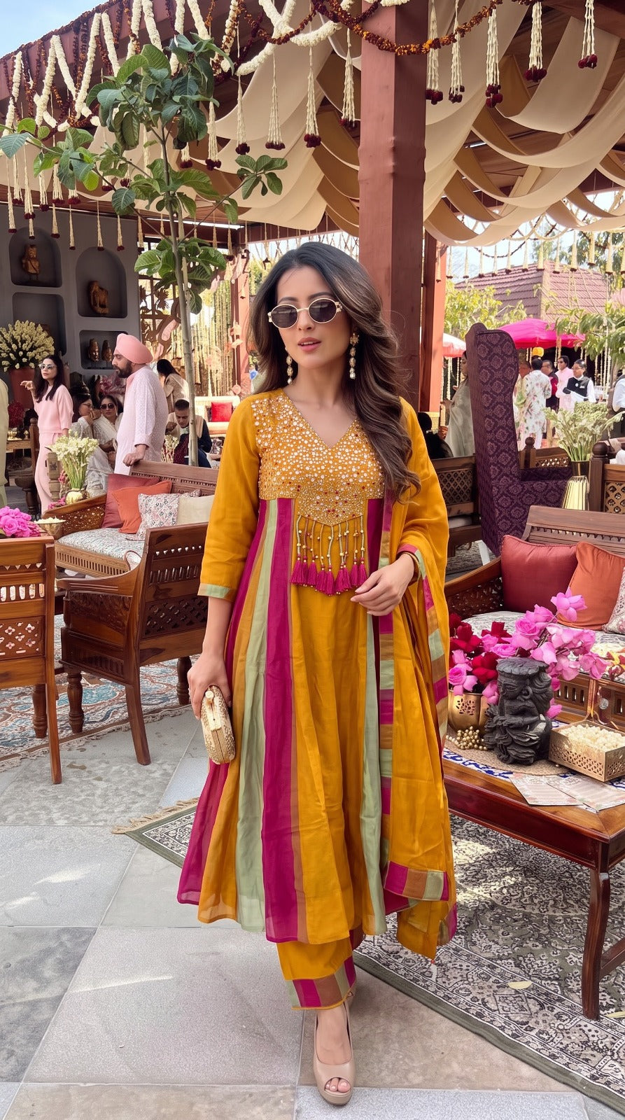 Mustard Yellow Embellished Shimmer Silk Anarkali Set
