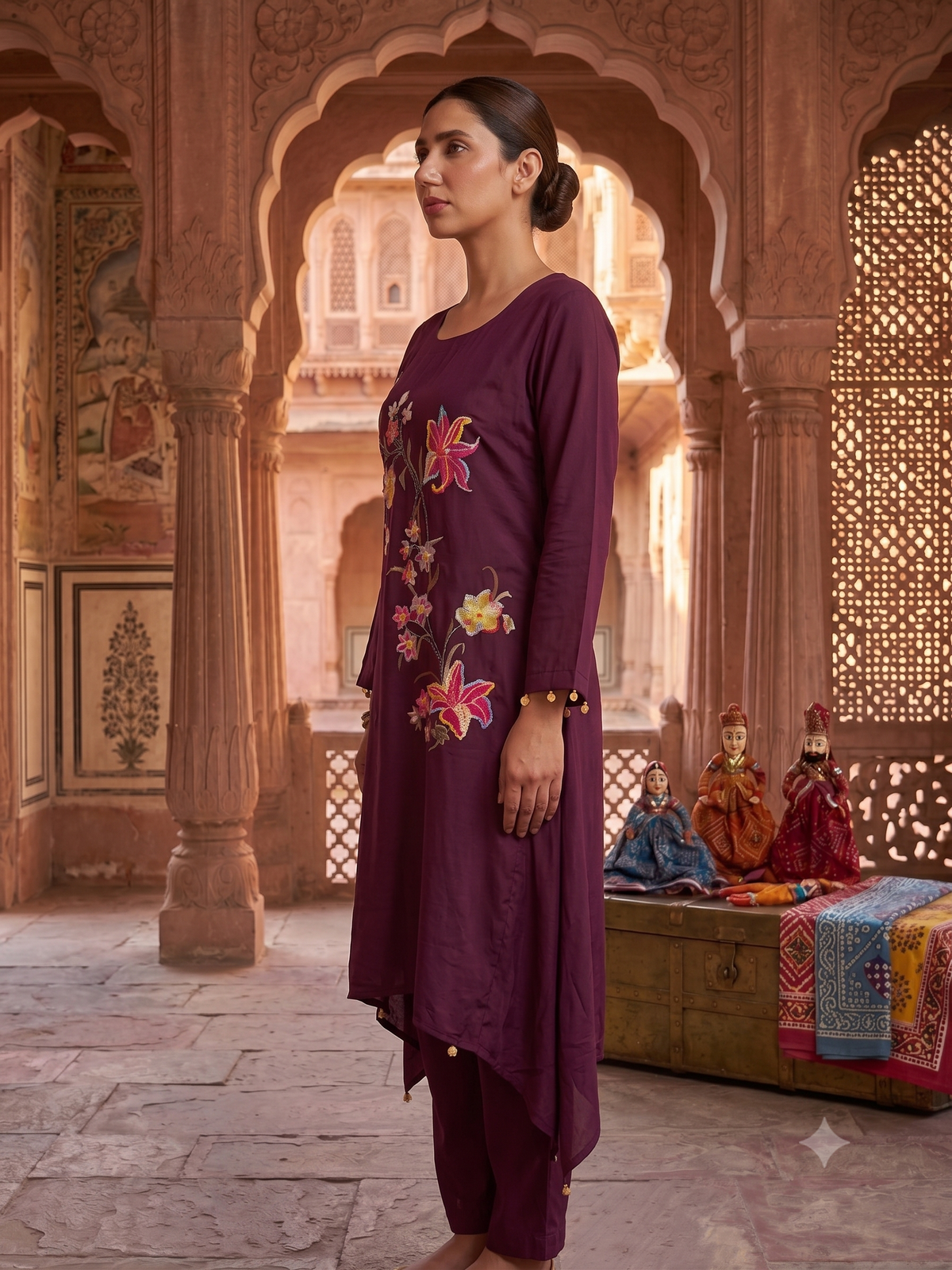 Rich Plum Embroidered Crepe Silk Kurta Set