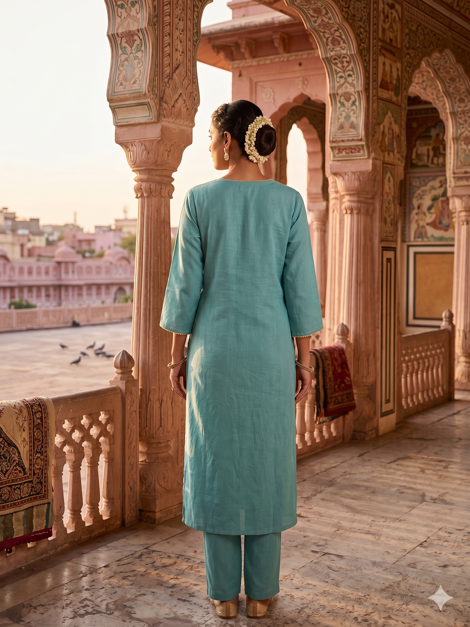 Aqua Blue Mul Chanderi Silk Kurta Set