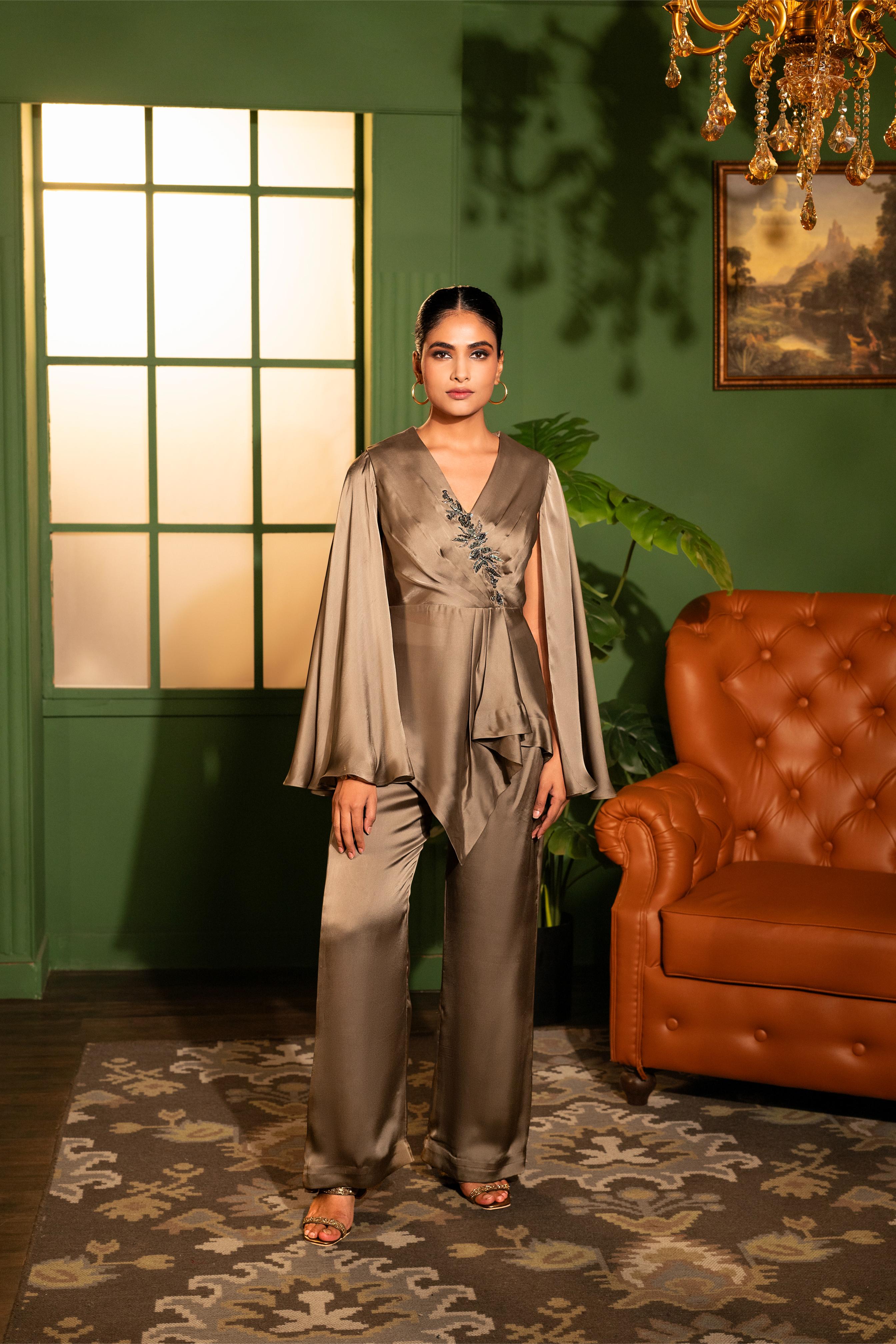 Tan Brown Embellished Mosche Satin Silk Co-Ord Set