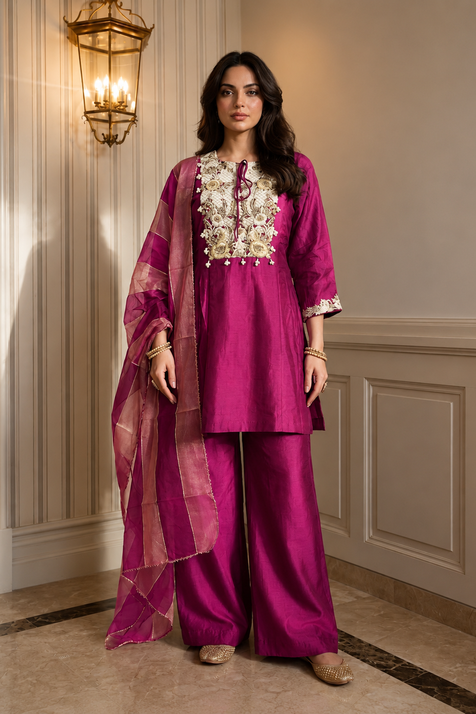 Light Magenta Embellished Raw Silk Palazzo Set