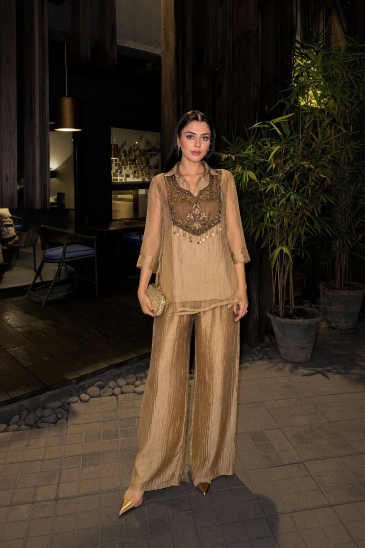 Golden Muse Embellished Shimmer Tissue Co-Ord Set