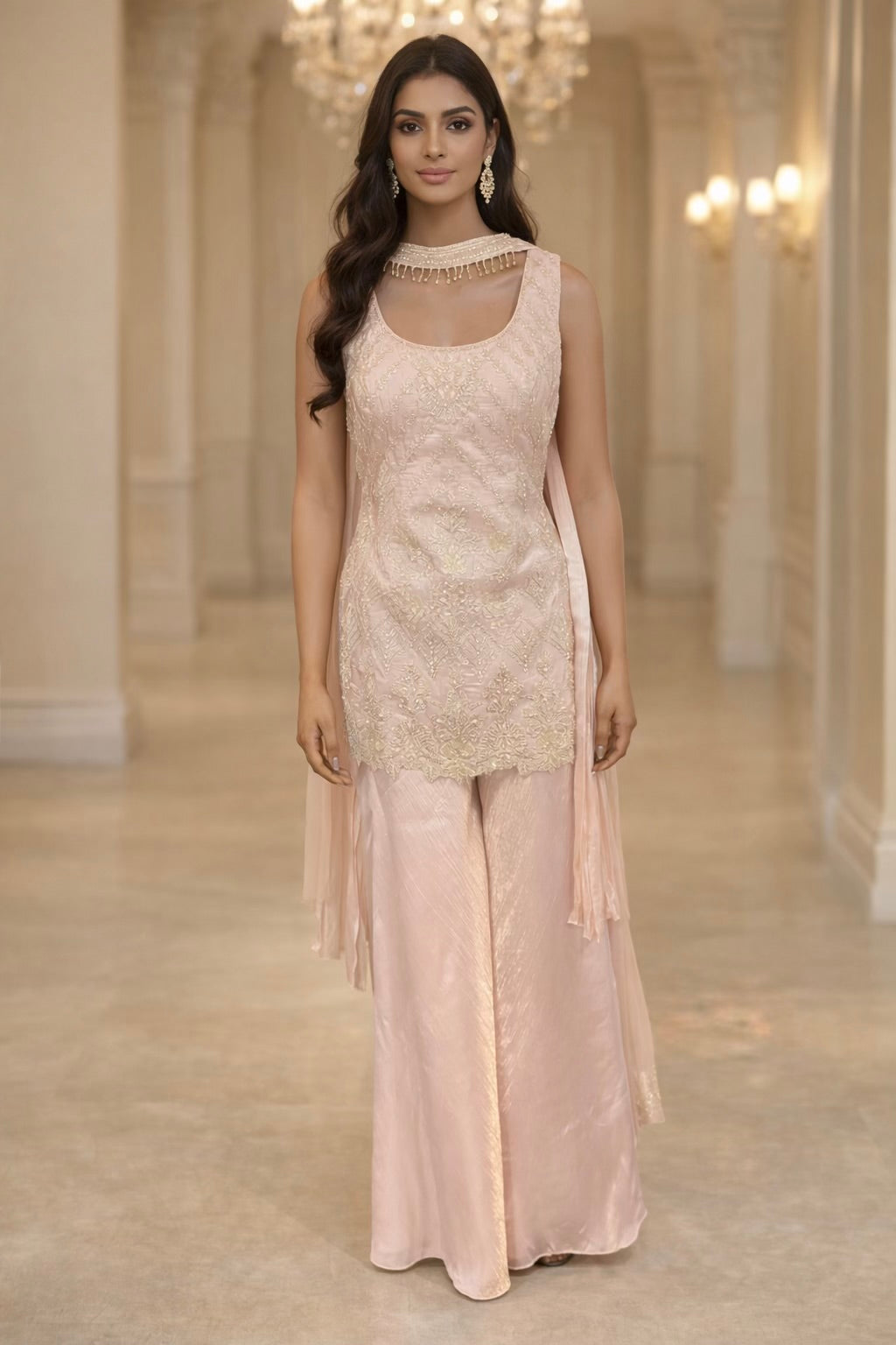 Blush Pearl Embellished Organza Silk Palazzo Set