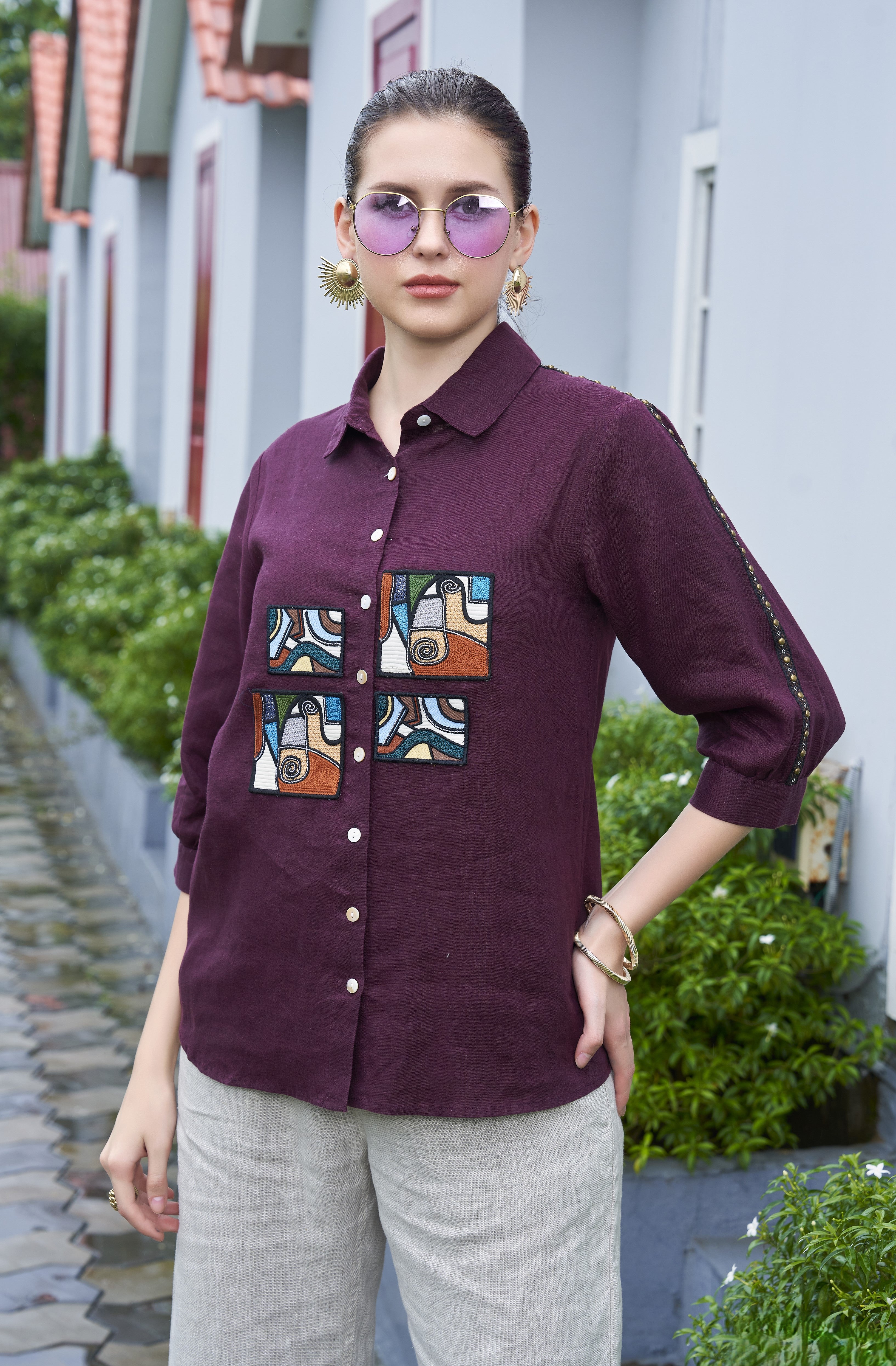 Dark Wine Embroidered Organic Cotton Shirt