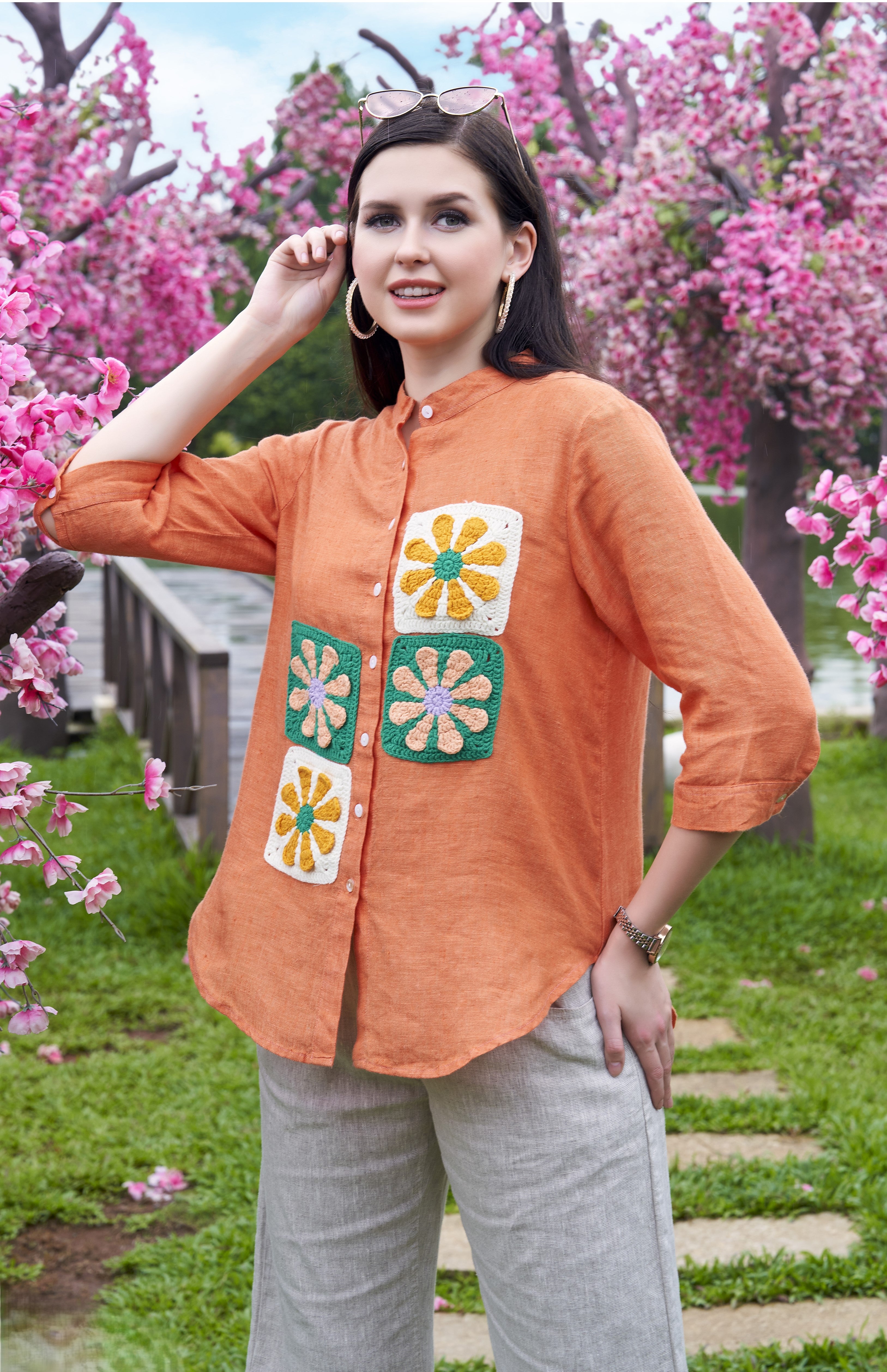 Coral Orange Embroidered Organic Khadi Shirt