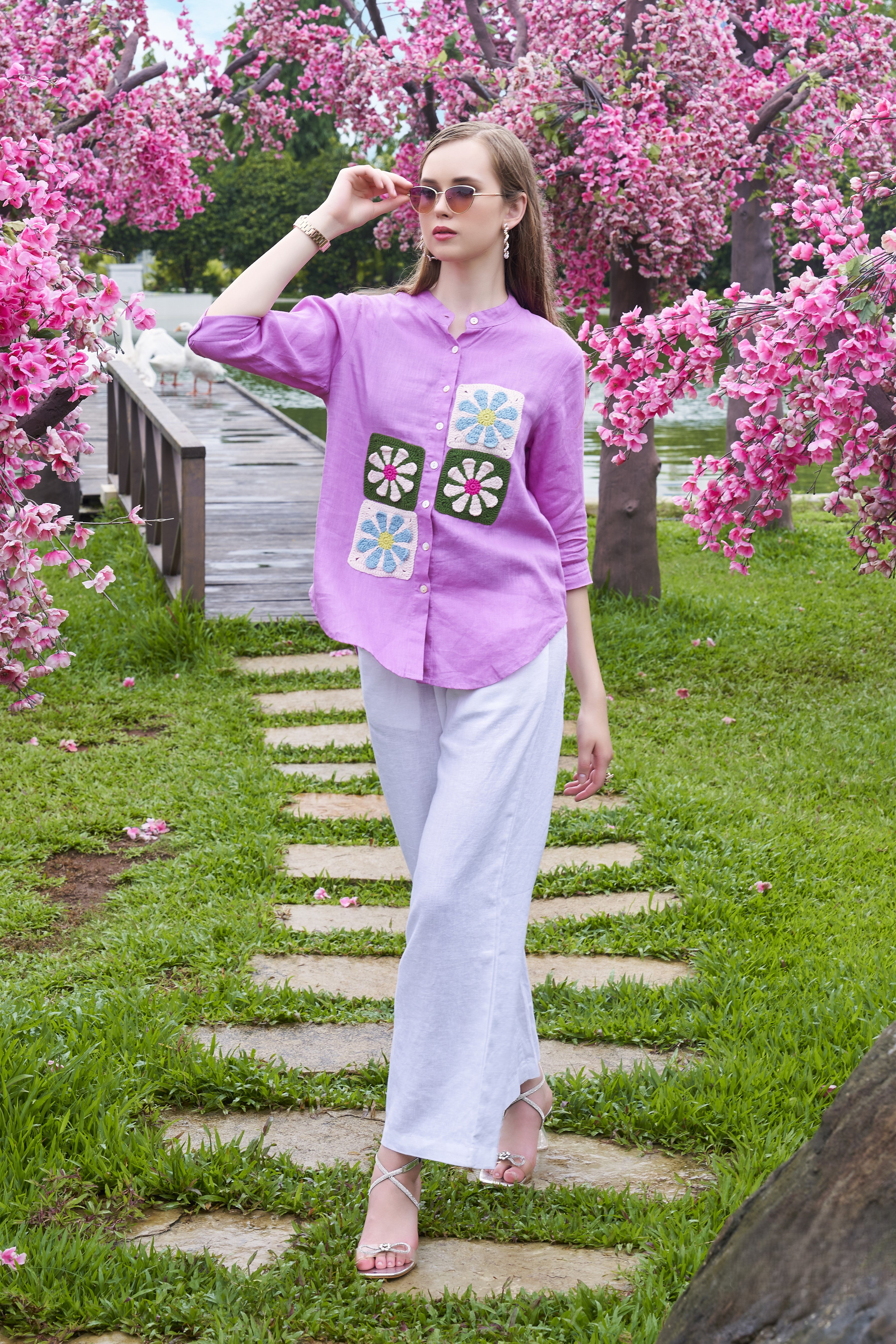 Lavender Pink Embroidered Organic Khadi Shirt