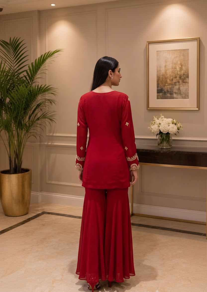 Red Cardinal Embellished Crepe Silk Sharara Set