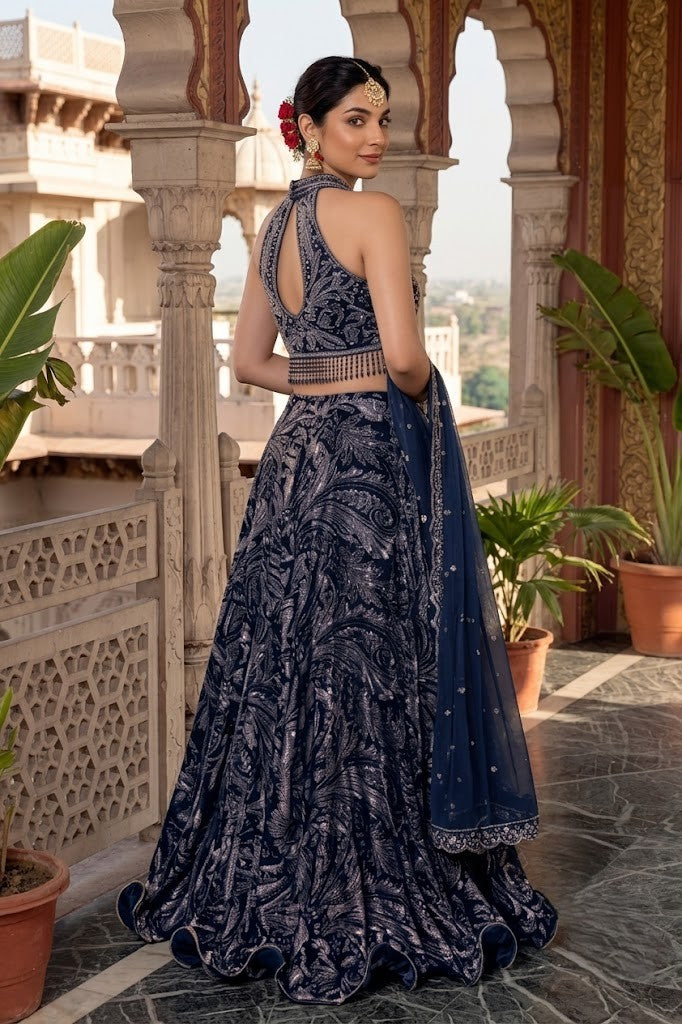 Deep Twilight Navy Embellished Velvet Silk Lehenga Set