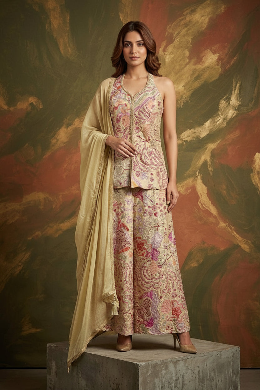 Sage Green Embellished Satin Silk Palazzo Set