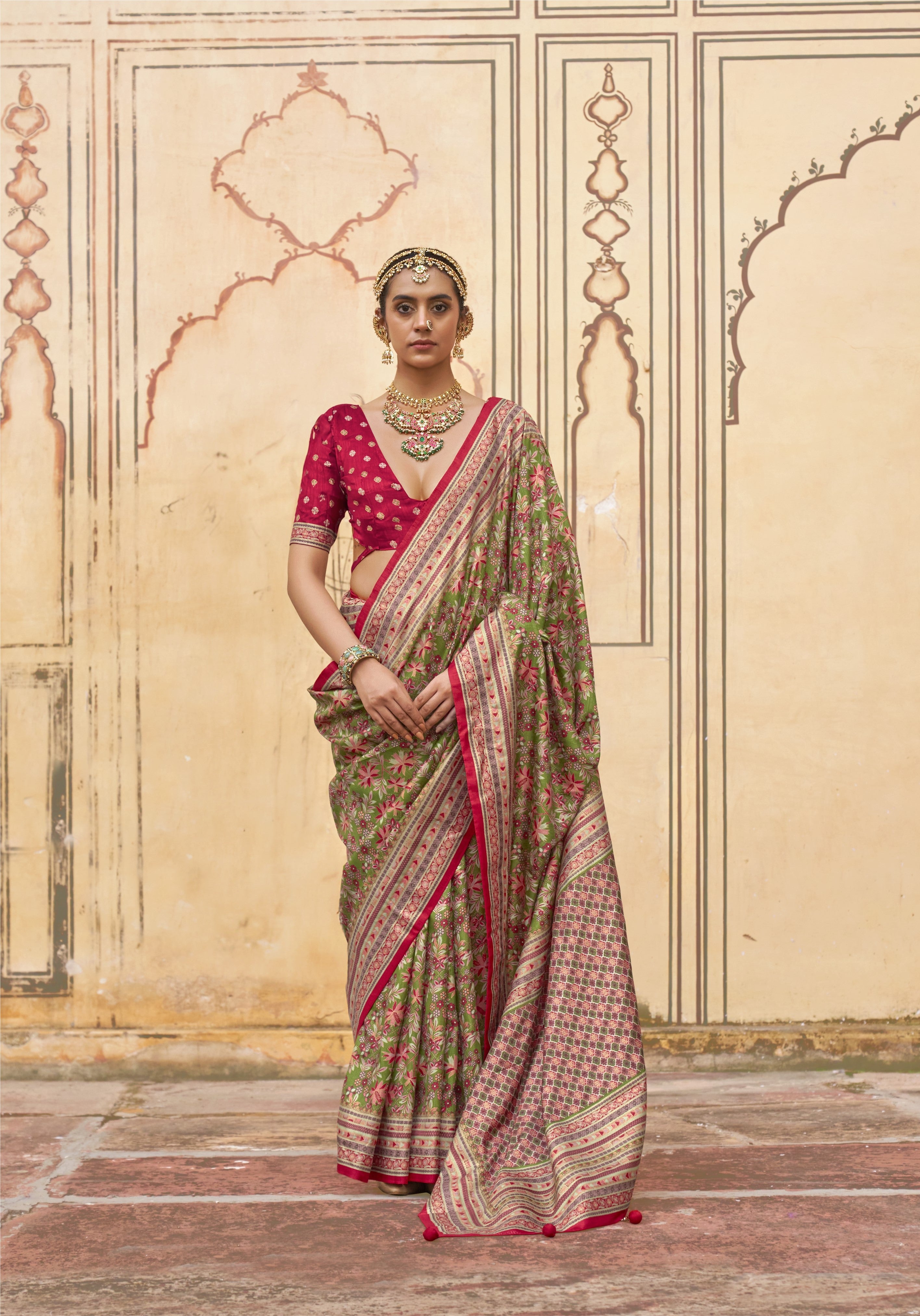 Olive Green Printed Premium Silk Saree