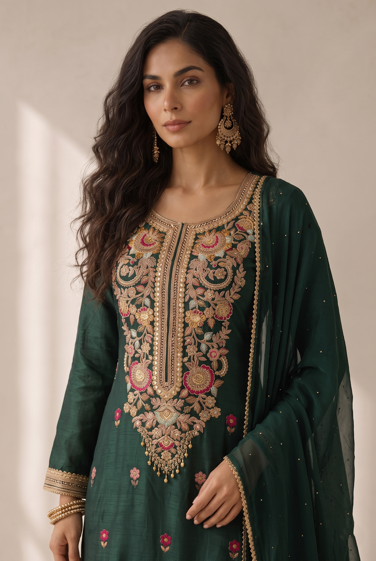 Emerald Green Embellished Chinon Silk Palazzo Set