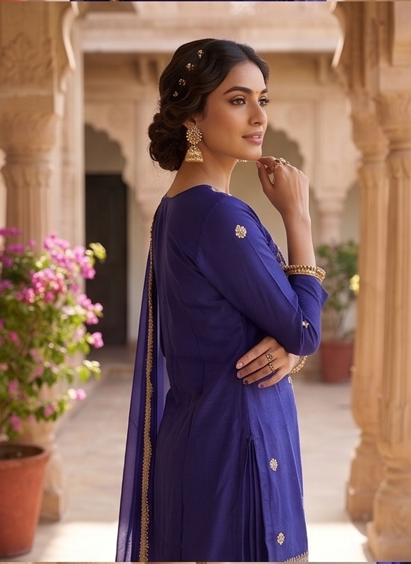 Deep Blue Embroidered Tissue Silk Sharara Set