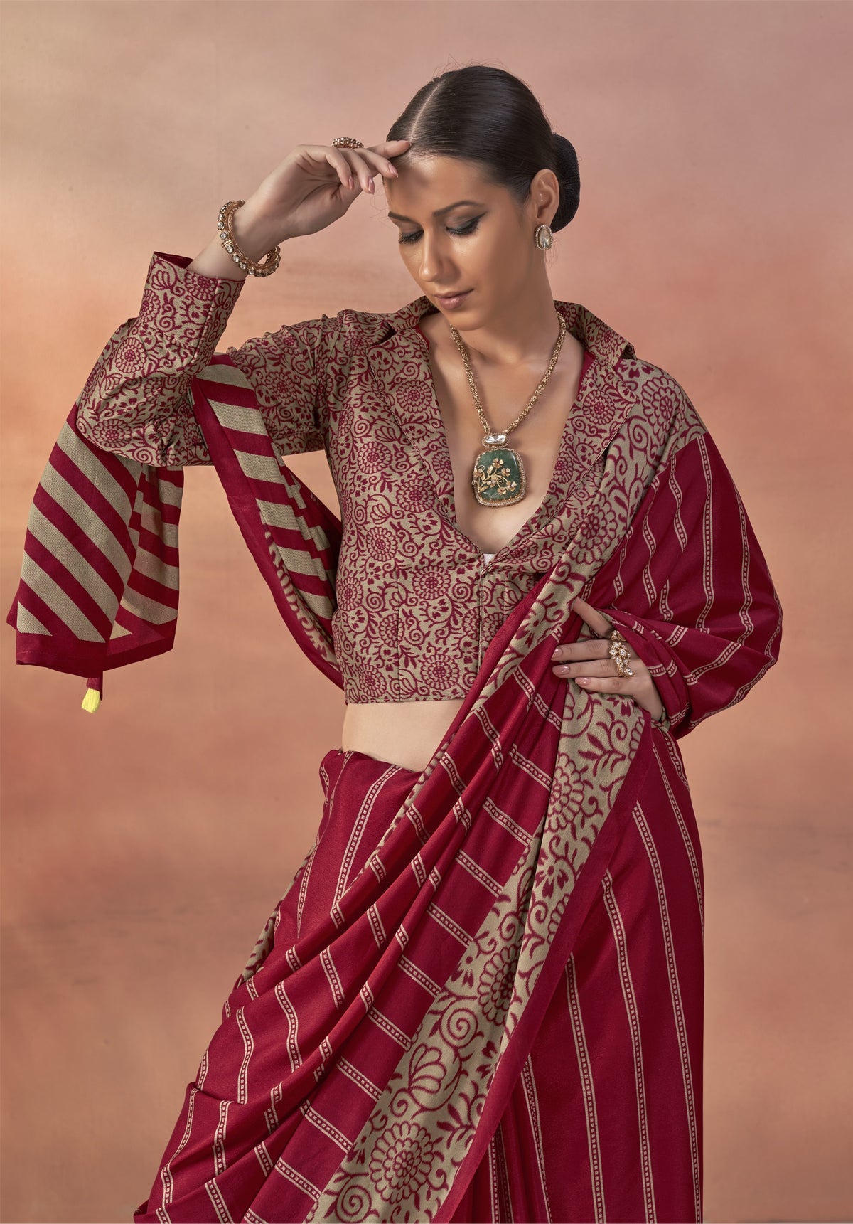 Crimson Maroon Printed Crepe Silk Saree