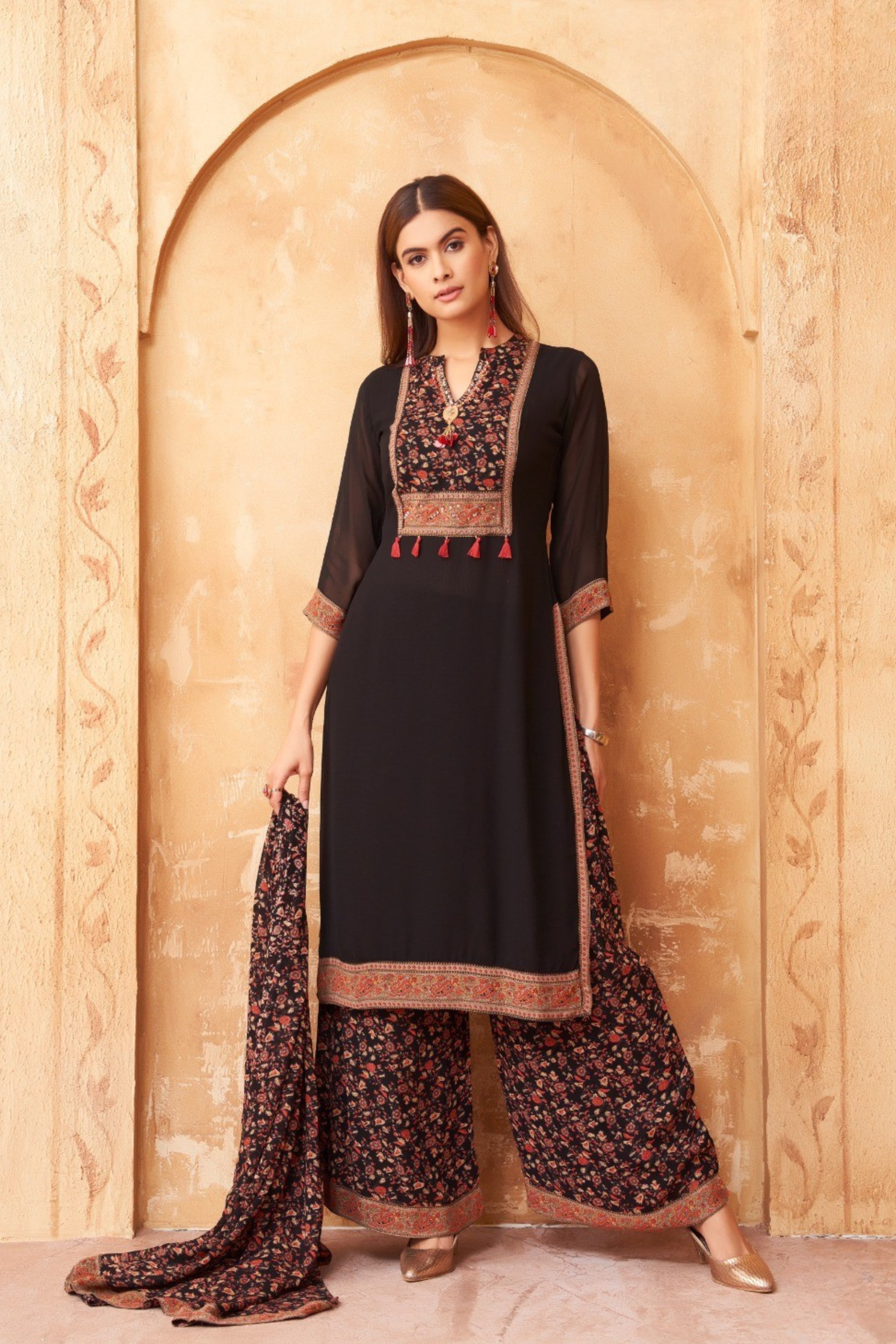 Coal Black Floral Embellished Georgette Silk Pant Set