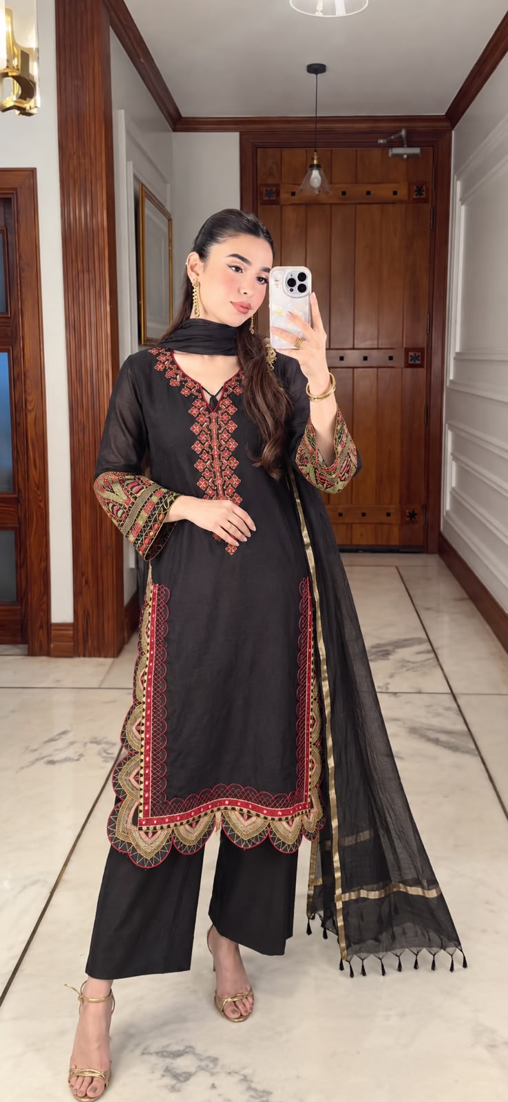 Black Embroidered Mul Chanderi Silk Pant Set