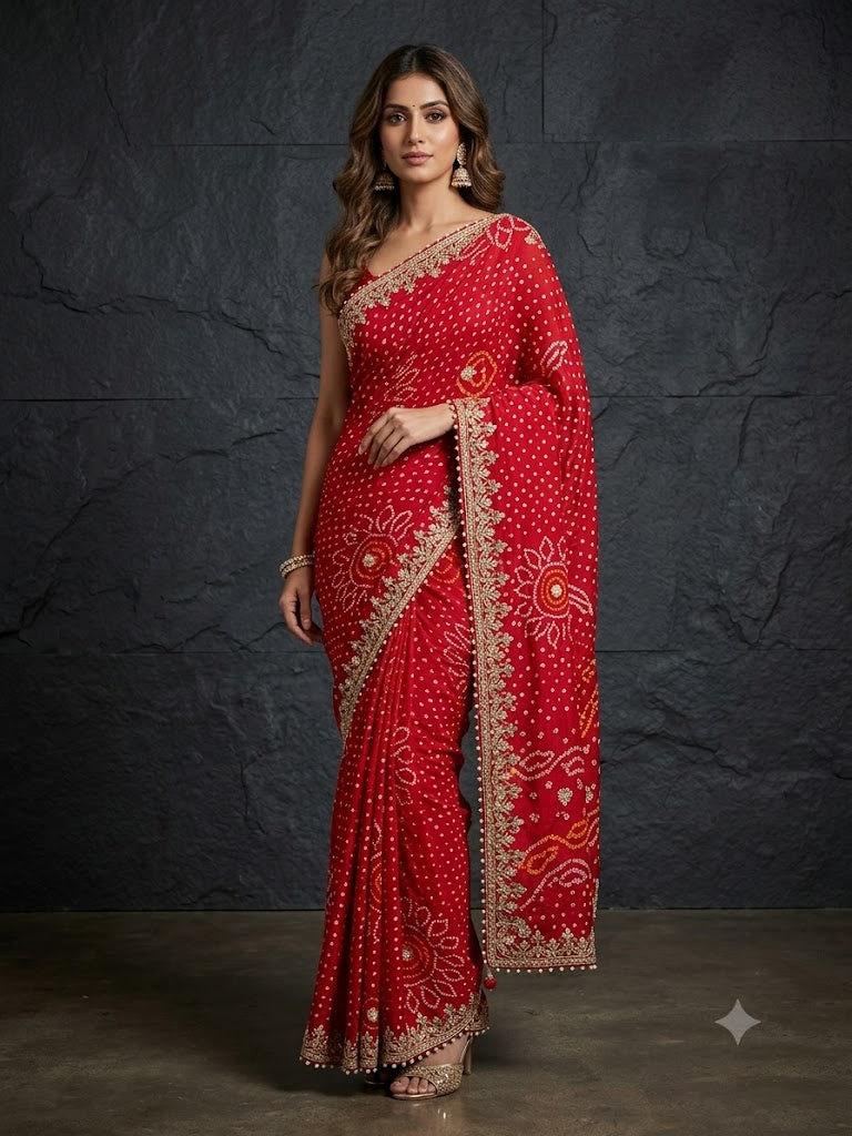 Crimson Bandhej Embellished Georgette Saree
