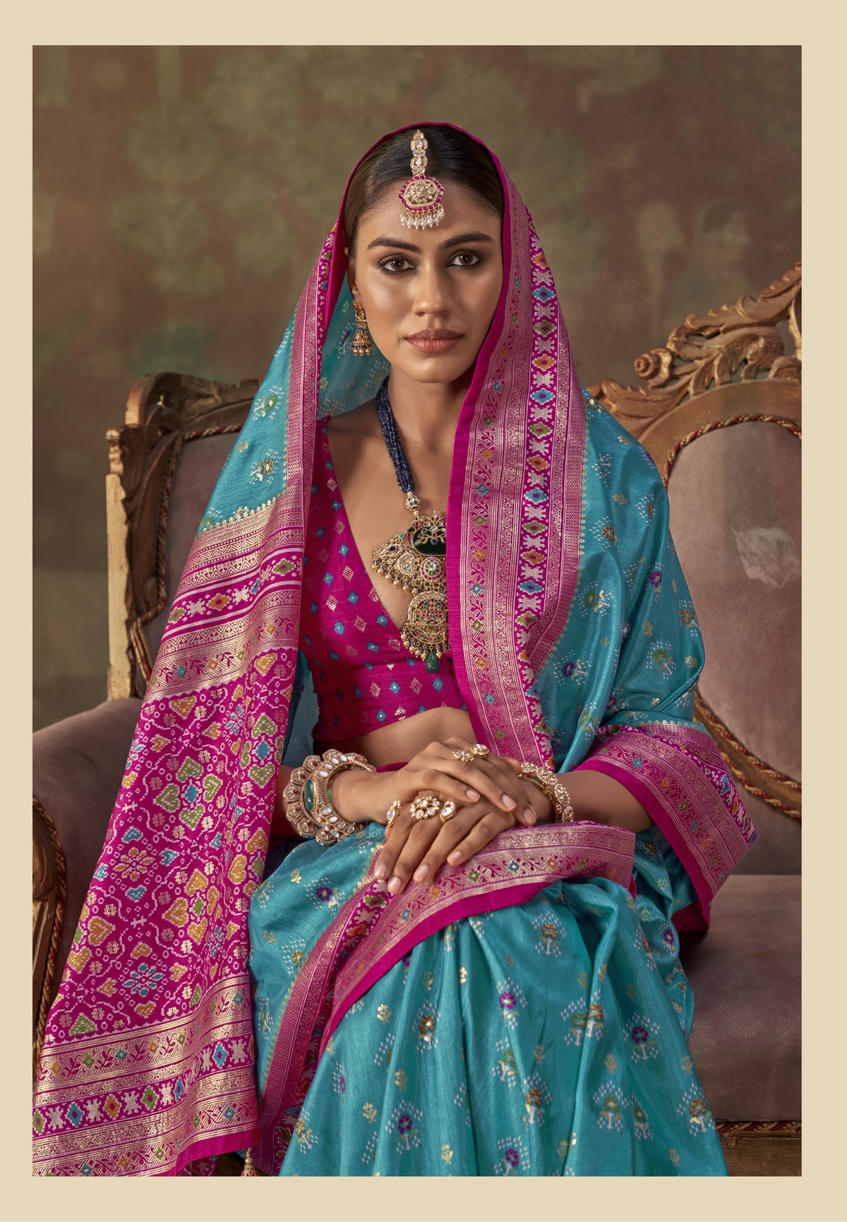 Turquoise Blue Printed Premium Silk Saree