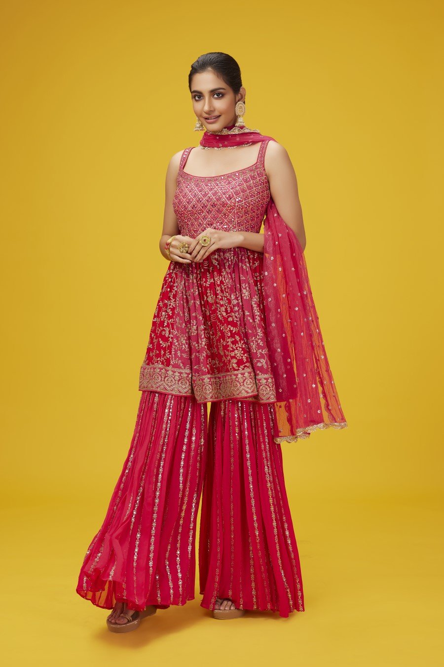 Crimson Red Embroidered Peplum Sharara Set