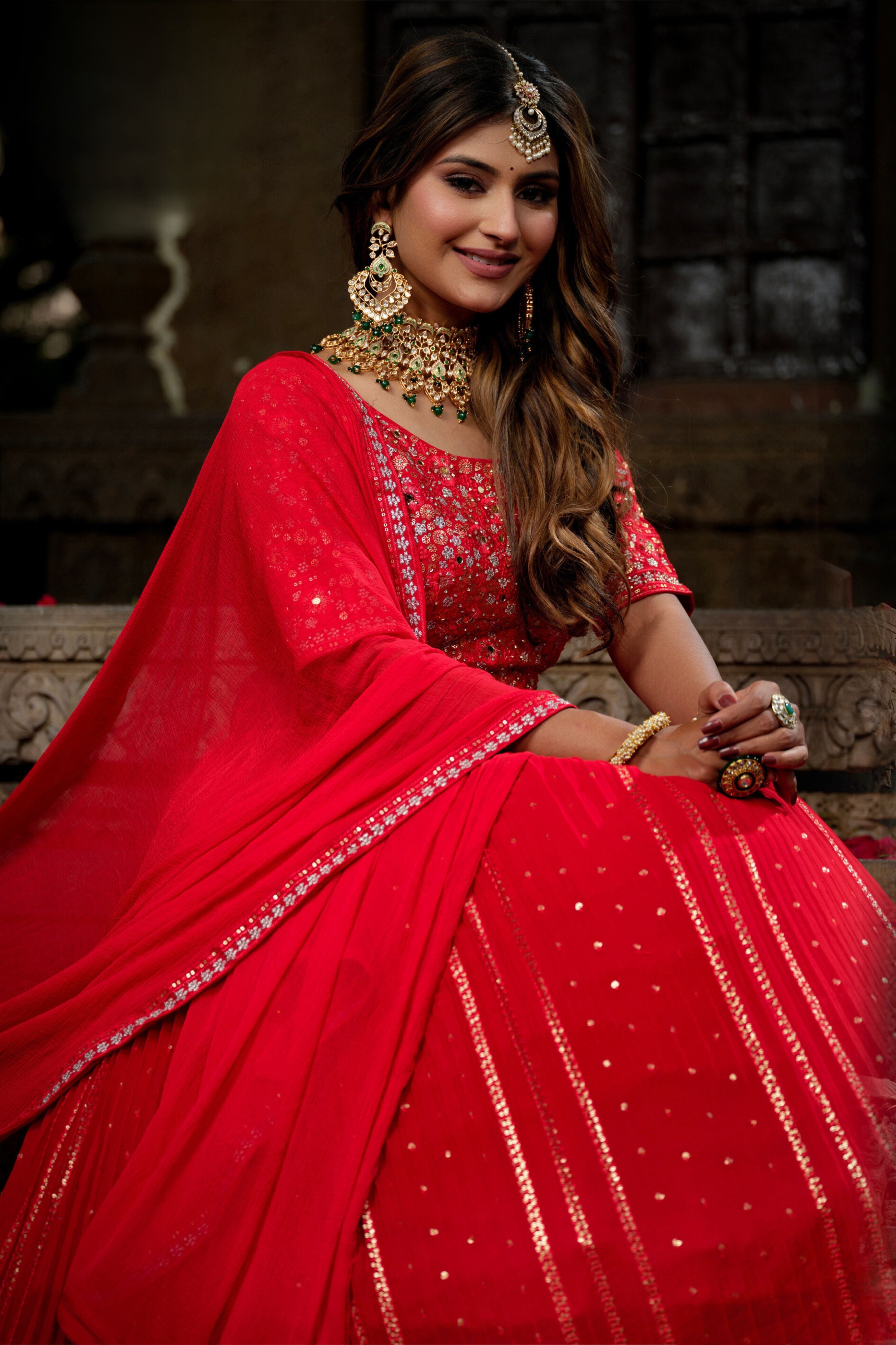Hot Red Embroidered Swiss Georgette Silk Lehenga Set