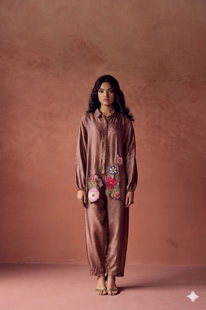 Dusty Rose Embroidered Raw Silk Co-Ord Set