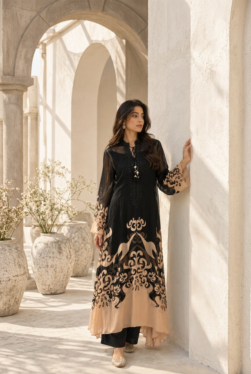 Mystic Noir Printed Georgette Silk Kurta Set