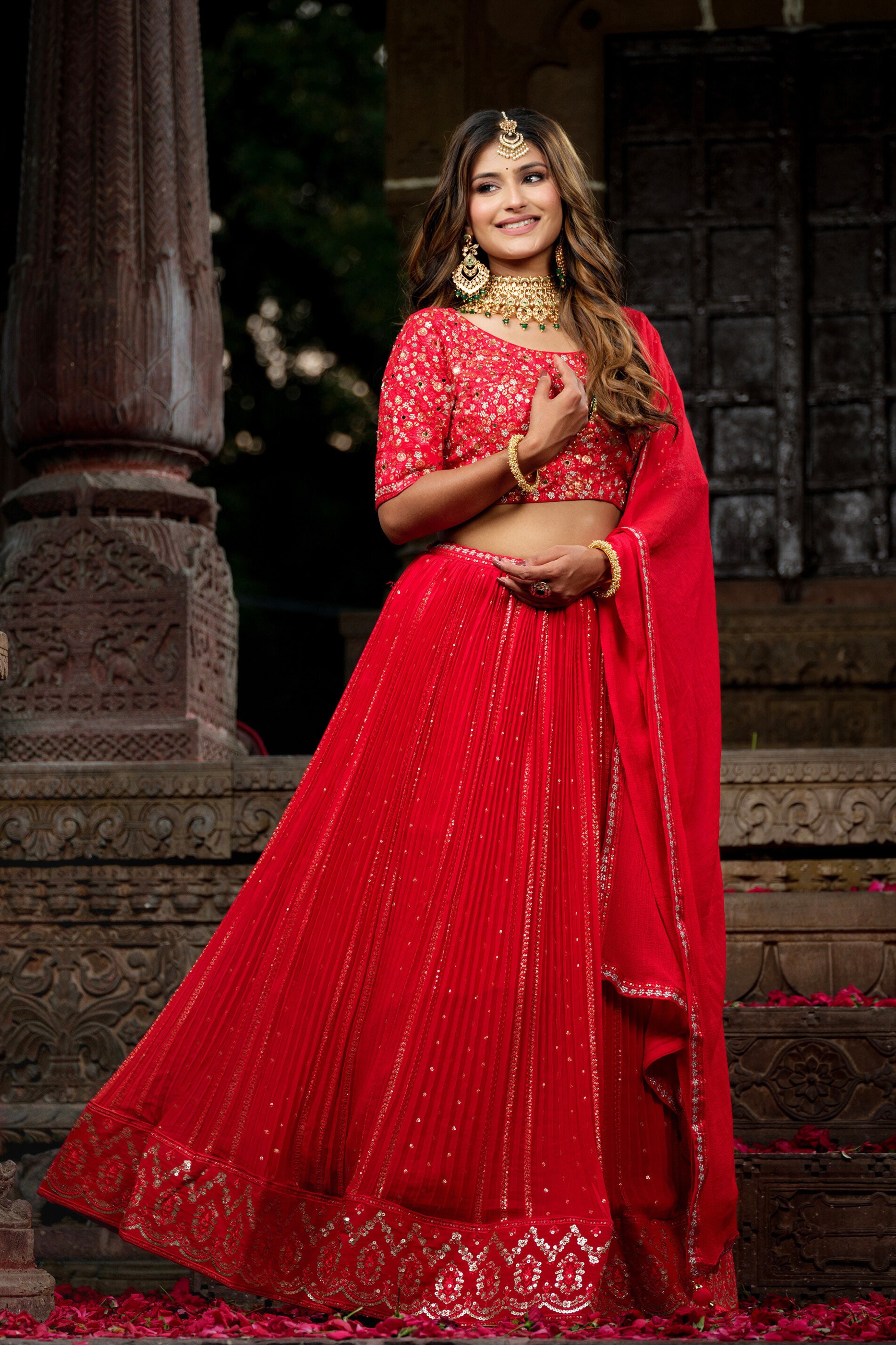 Hot Red Embroidered Swiss Georgette Silk Lehenga Set