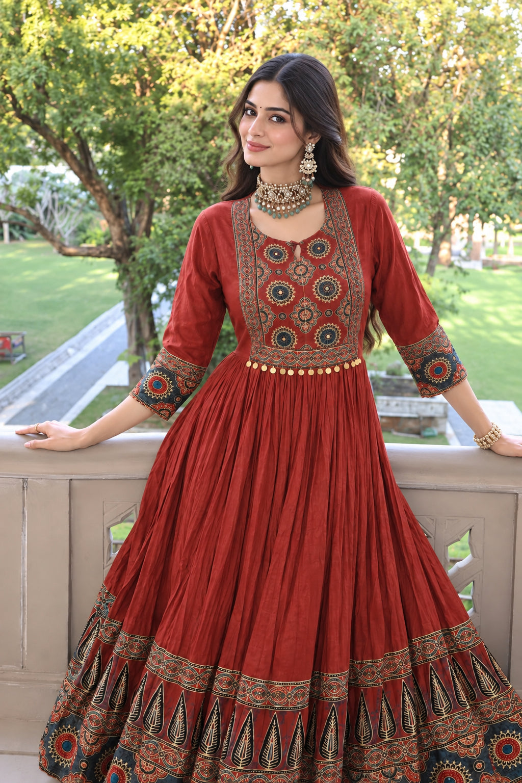 Rust Red Printed Mul Cotton Ajrakh Gown