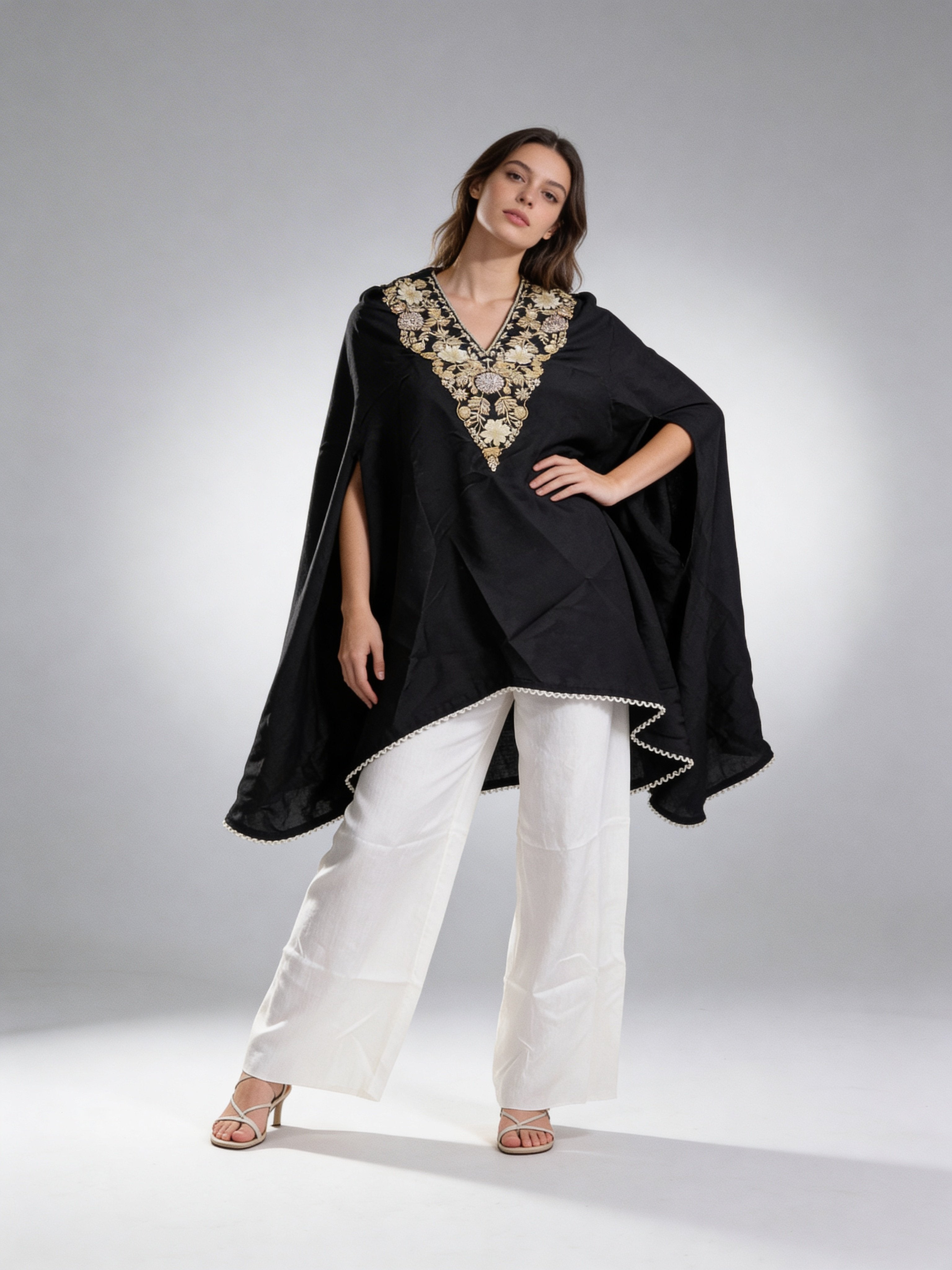 Midnight Black Embroidered Raw Silk Kaftan Set