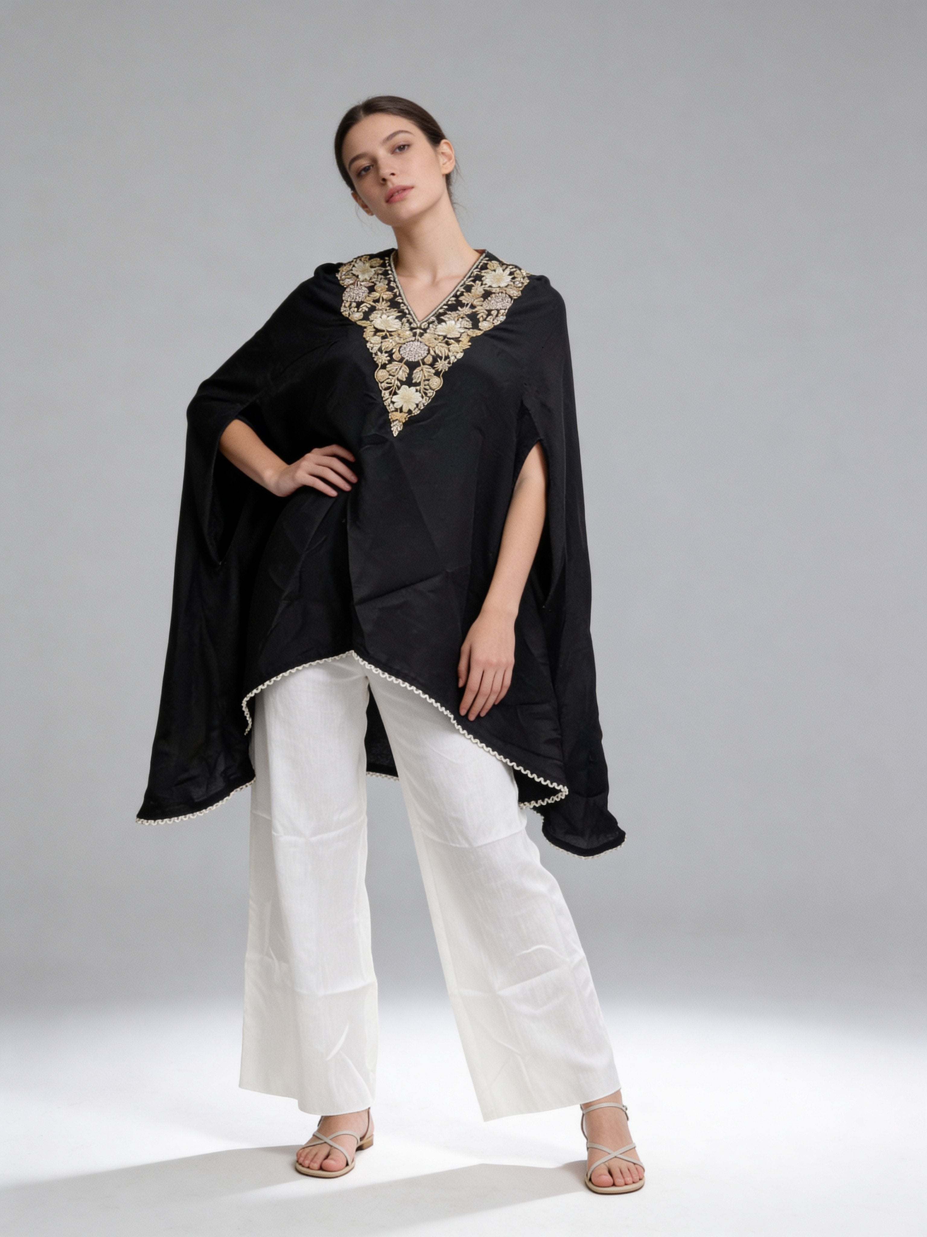 Midnight Black Embroidered Raw Silk Kaftan Set