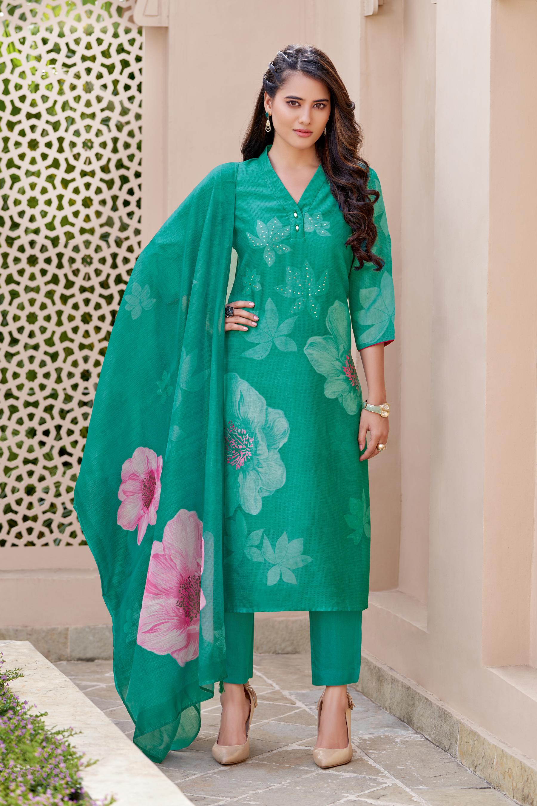 Persian Green Floral Printed Kota Doria Silk Pants Set