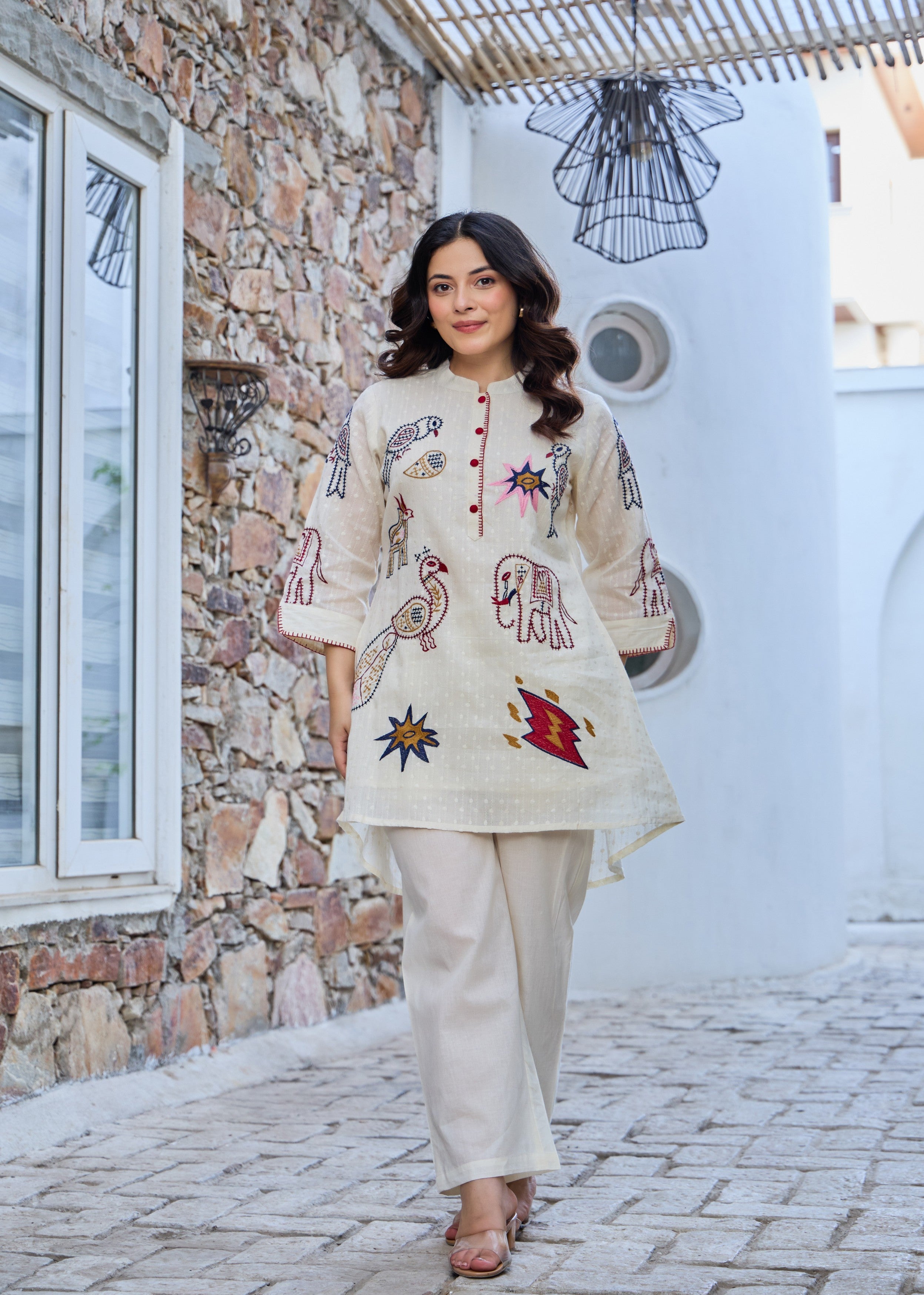 Off-White Folk Embroidered Cotton Co-Ord Set