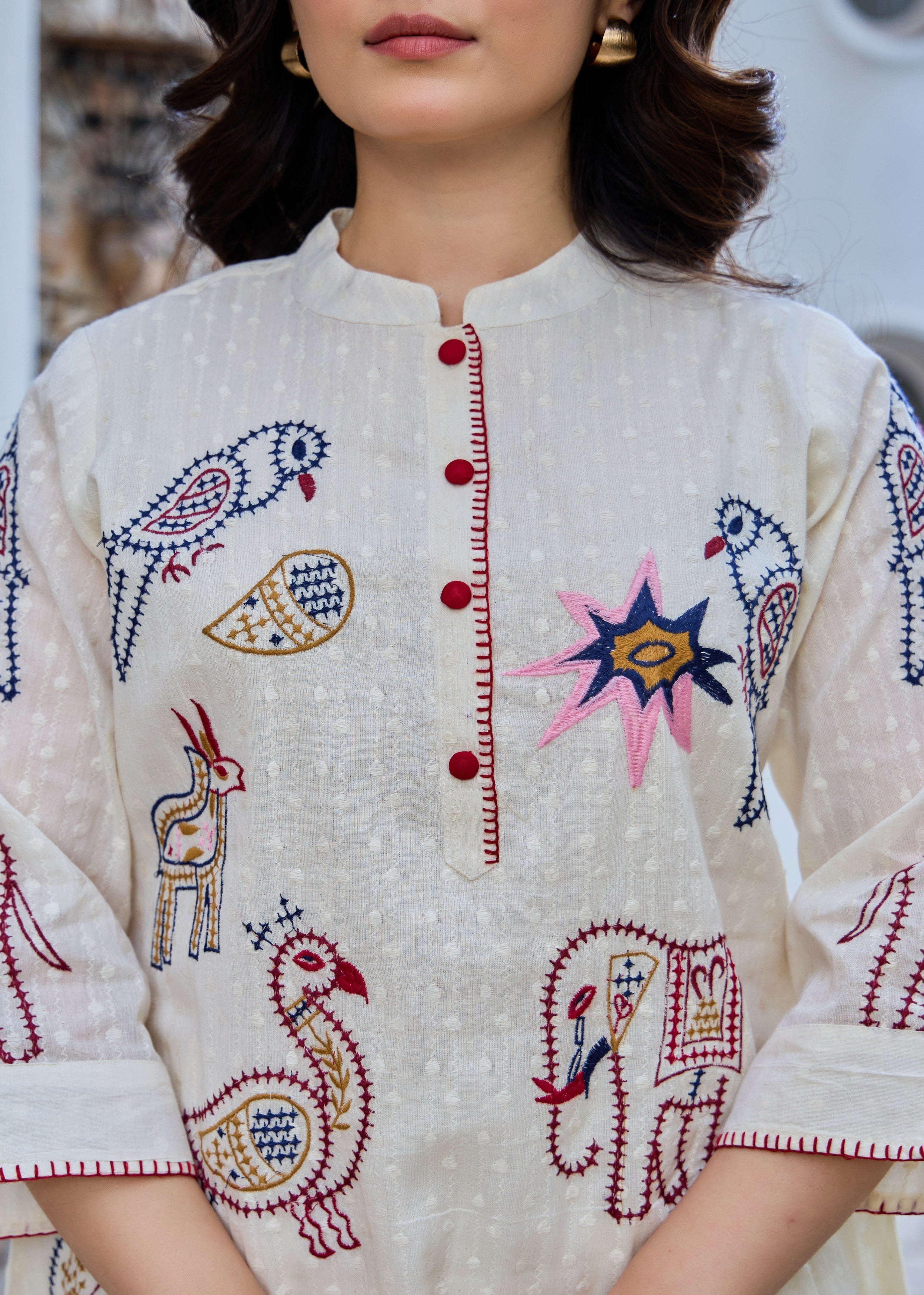 Off-White Folk Embroidered Cotton Co-Ord Set
