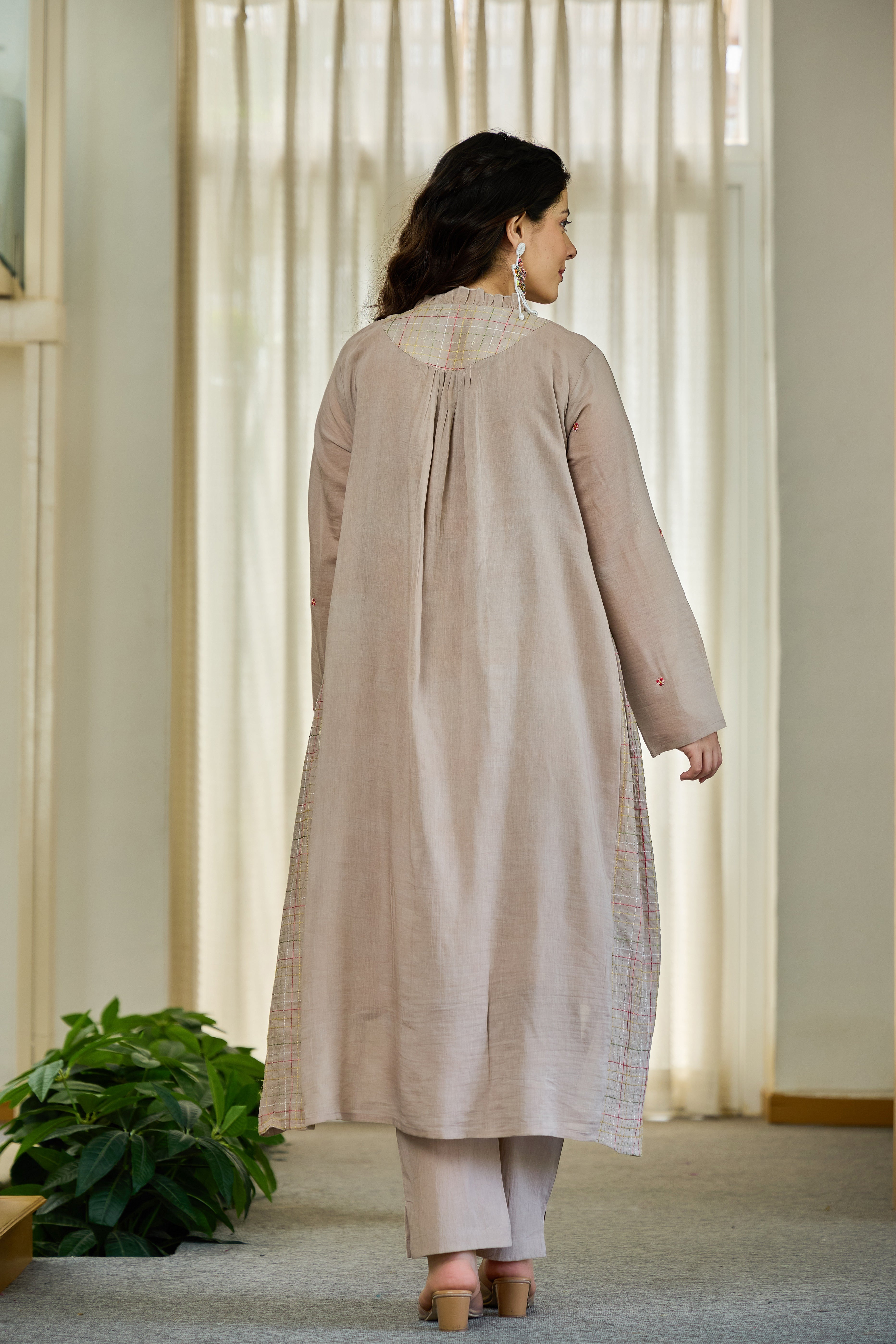 Taupe Floral Embroidered Cotton Kurta Set