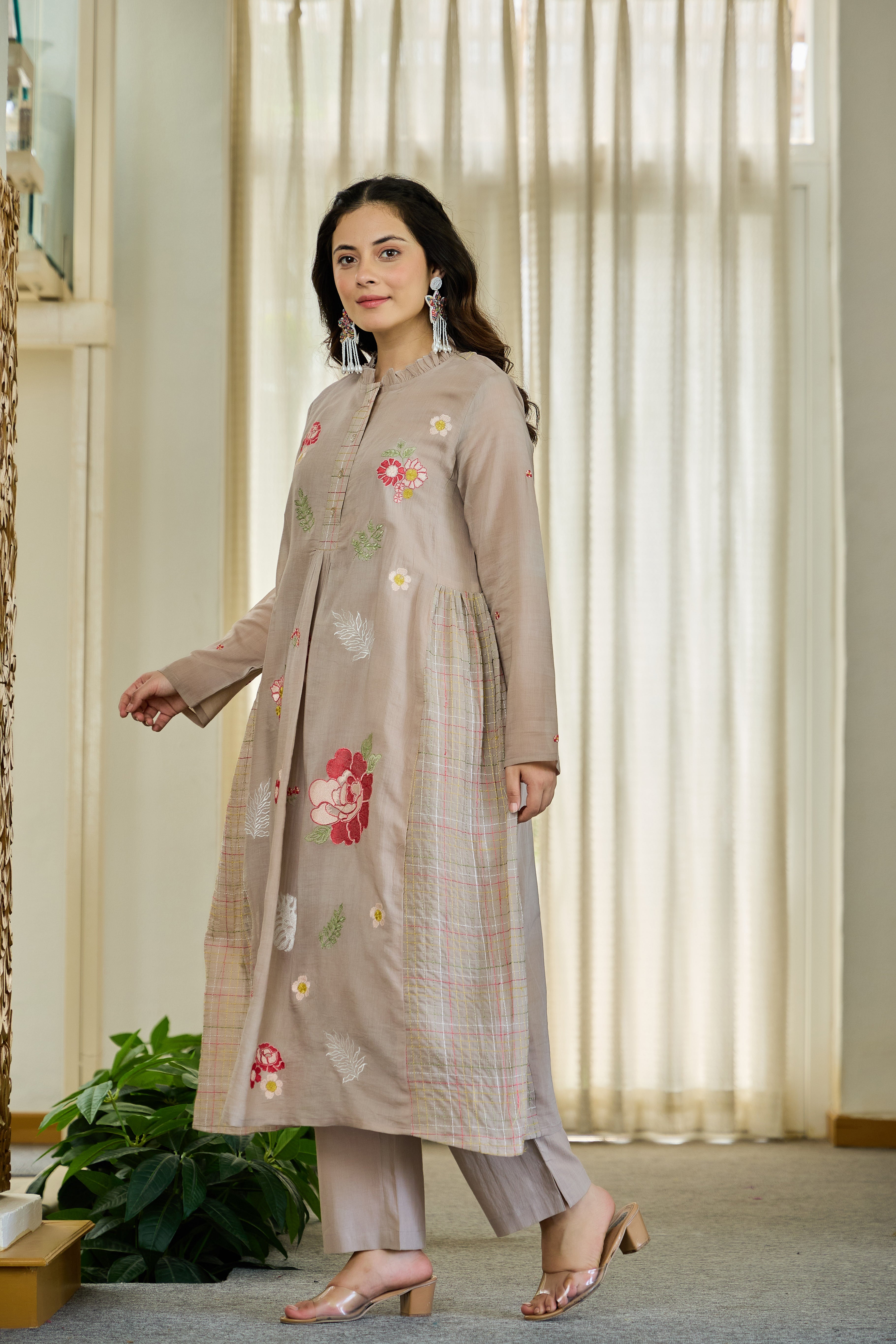 Taupe Floral Embroidered Cotton Kurta Set